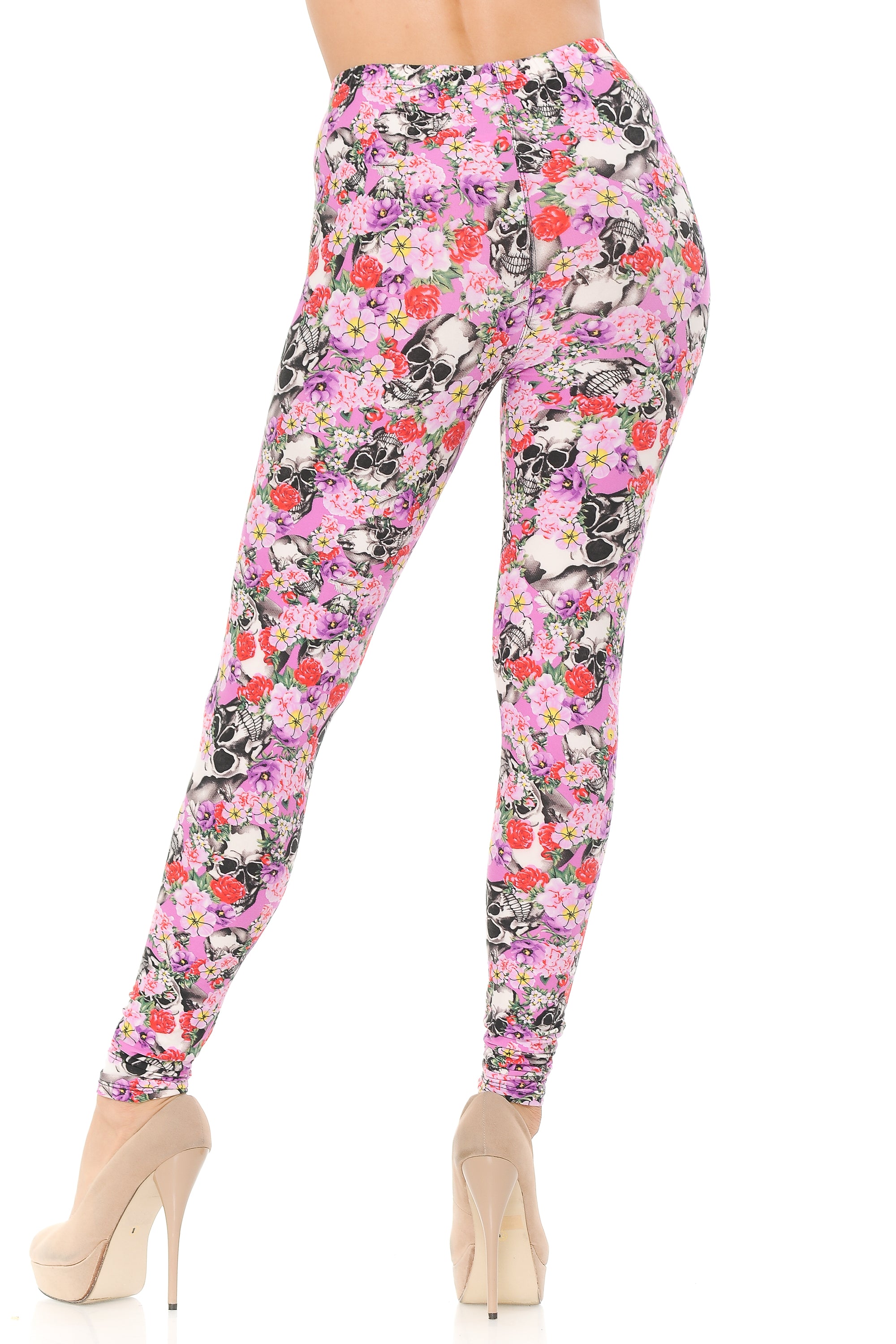 Wholesale Buttery Smooth Pink Blossom Skulls Leggings