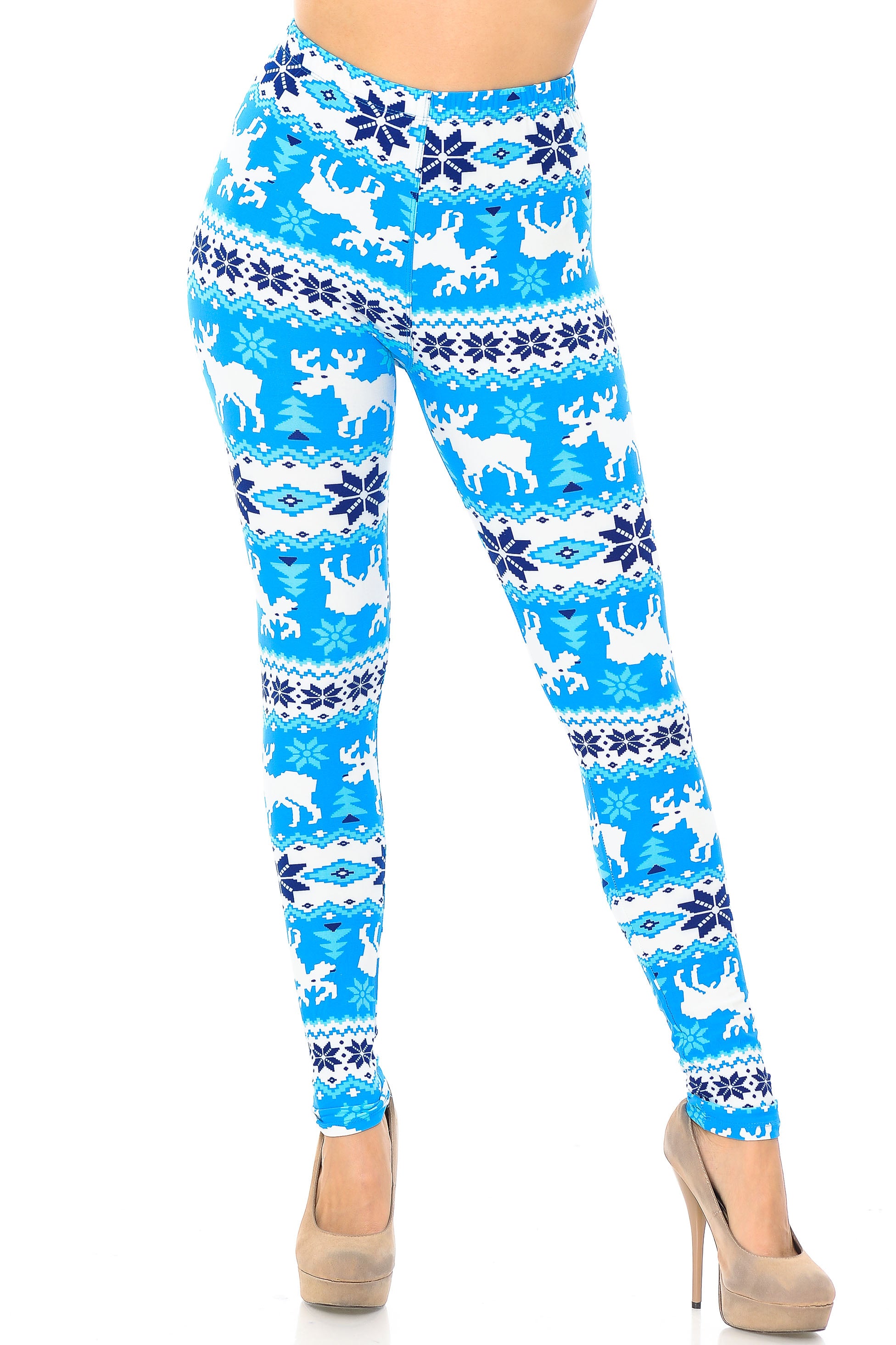 Wholesale Buttery Smooth Icy Blue Christmas Reindeer Leggings