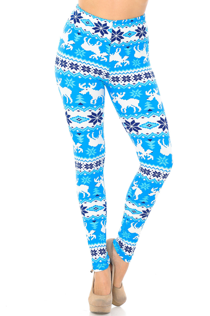 Wholesale Buttery Smooth Icy Blue Christmas Reindeer Leggings