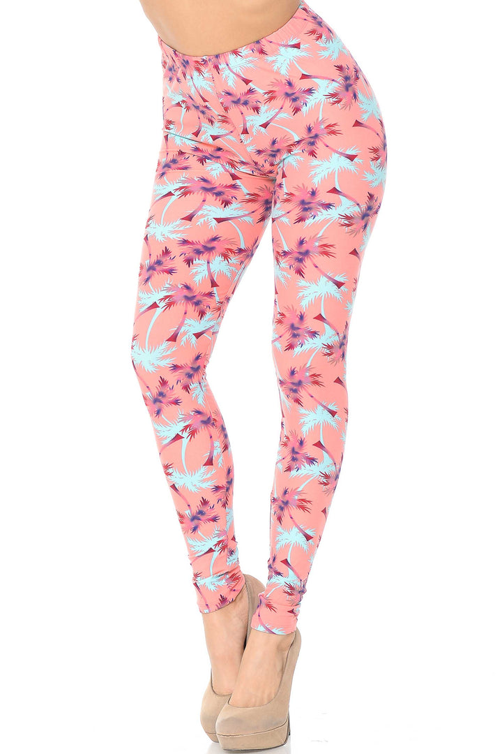 Wholesale Buttery Smooth Coral Palm Tree Leggings