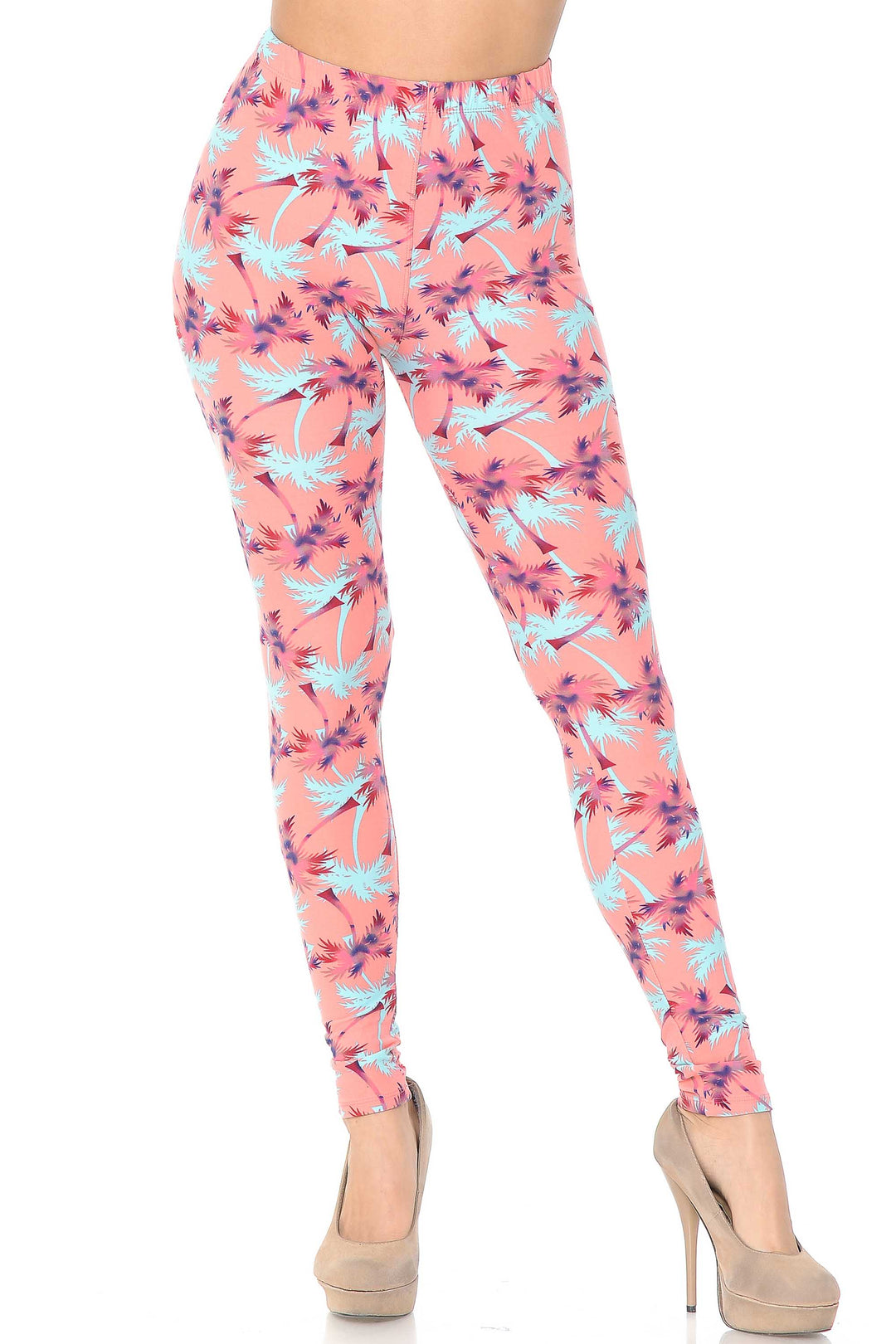 Wholesale Buttery Smooth Coral Palm Tree Leggings