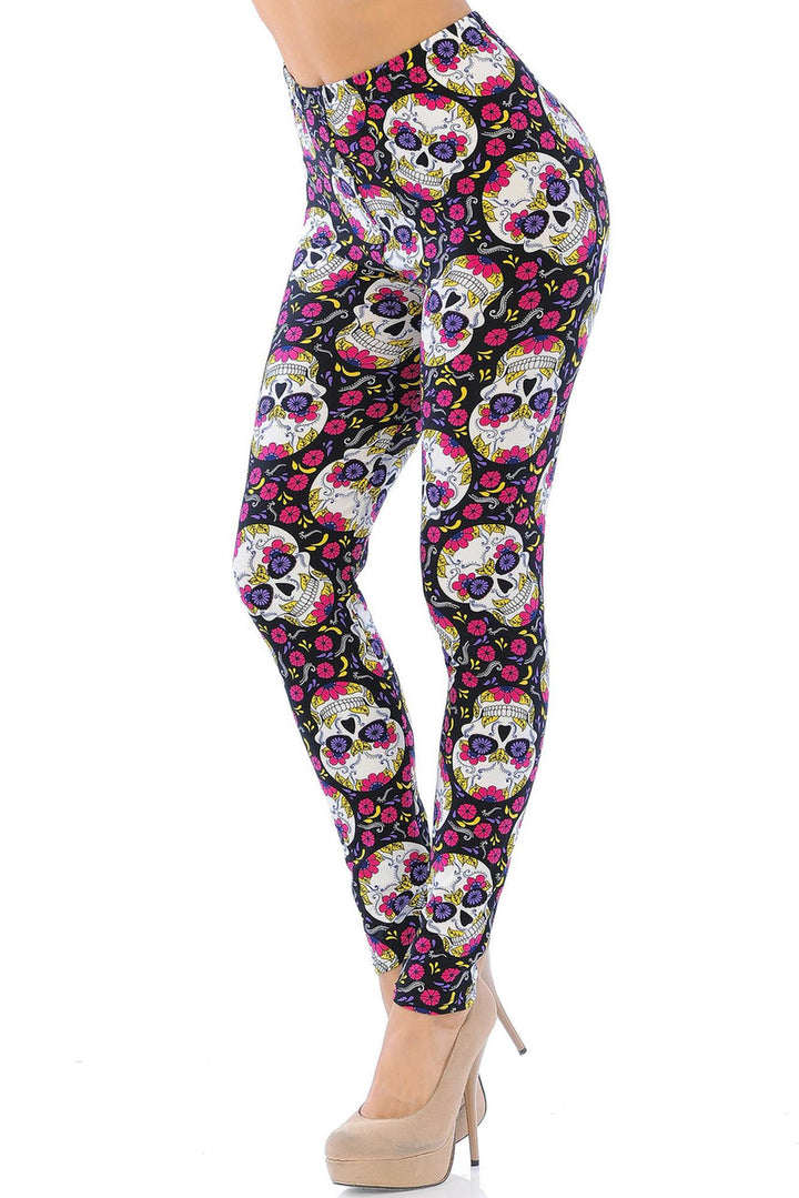 Wholesale Buttery Smooth Floral Petal Sugar Skull Leggings