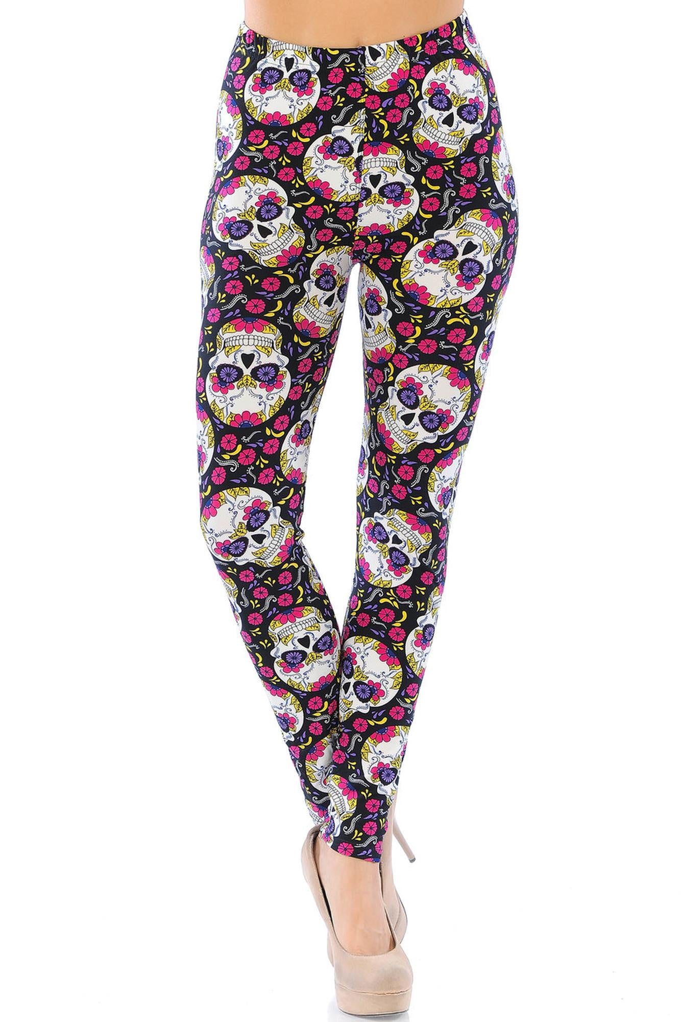 Wholesale Buttery Smooth Floral Petal Sugar Skull Leggings