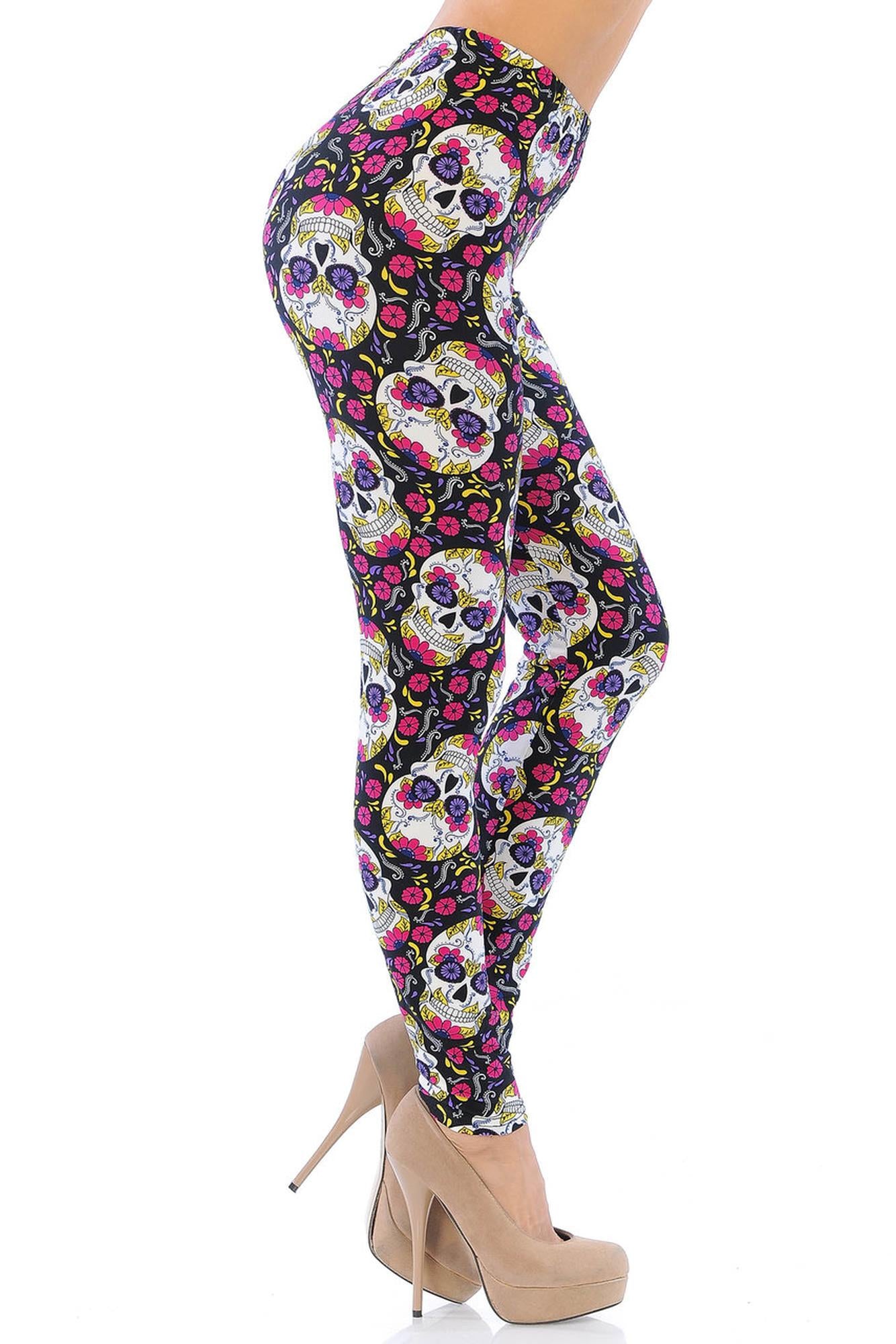 Wholesale Buttery Smooth Floral Petal Sugar Skull Leggings