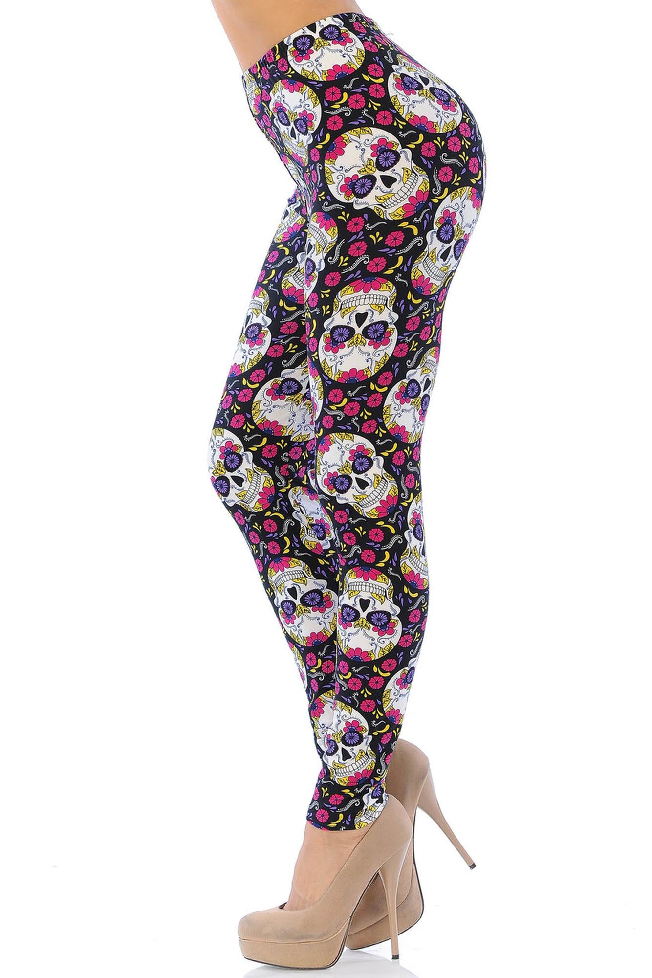 Wholesale Buttery Smooth Floral Petal Sugar Skull Leggings