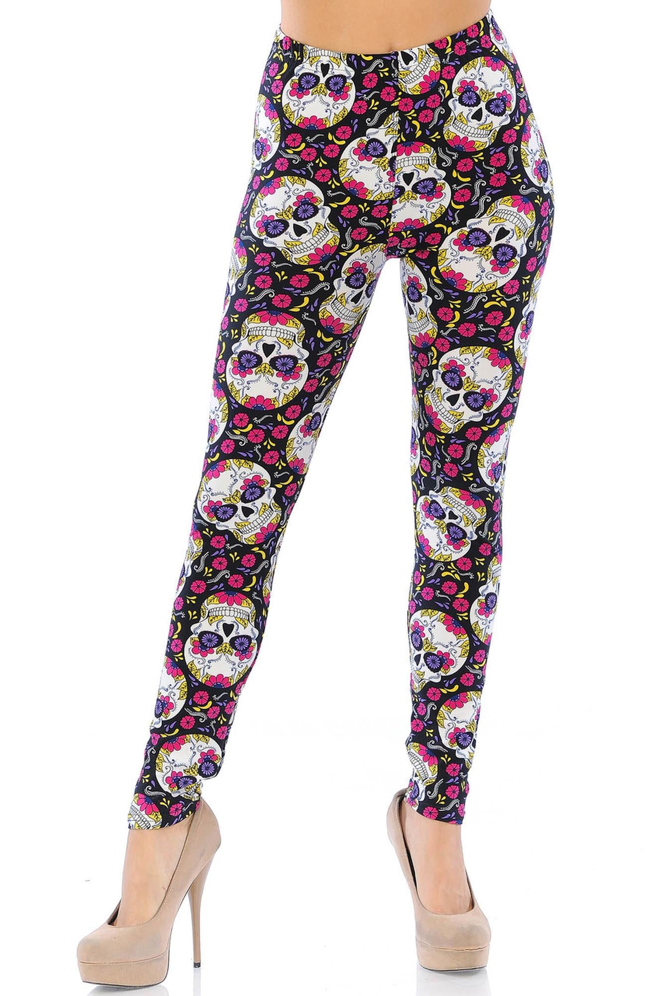 Wholesale Buttery Smooth Floral Petal Sugar Skull Leggings