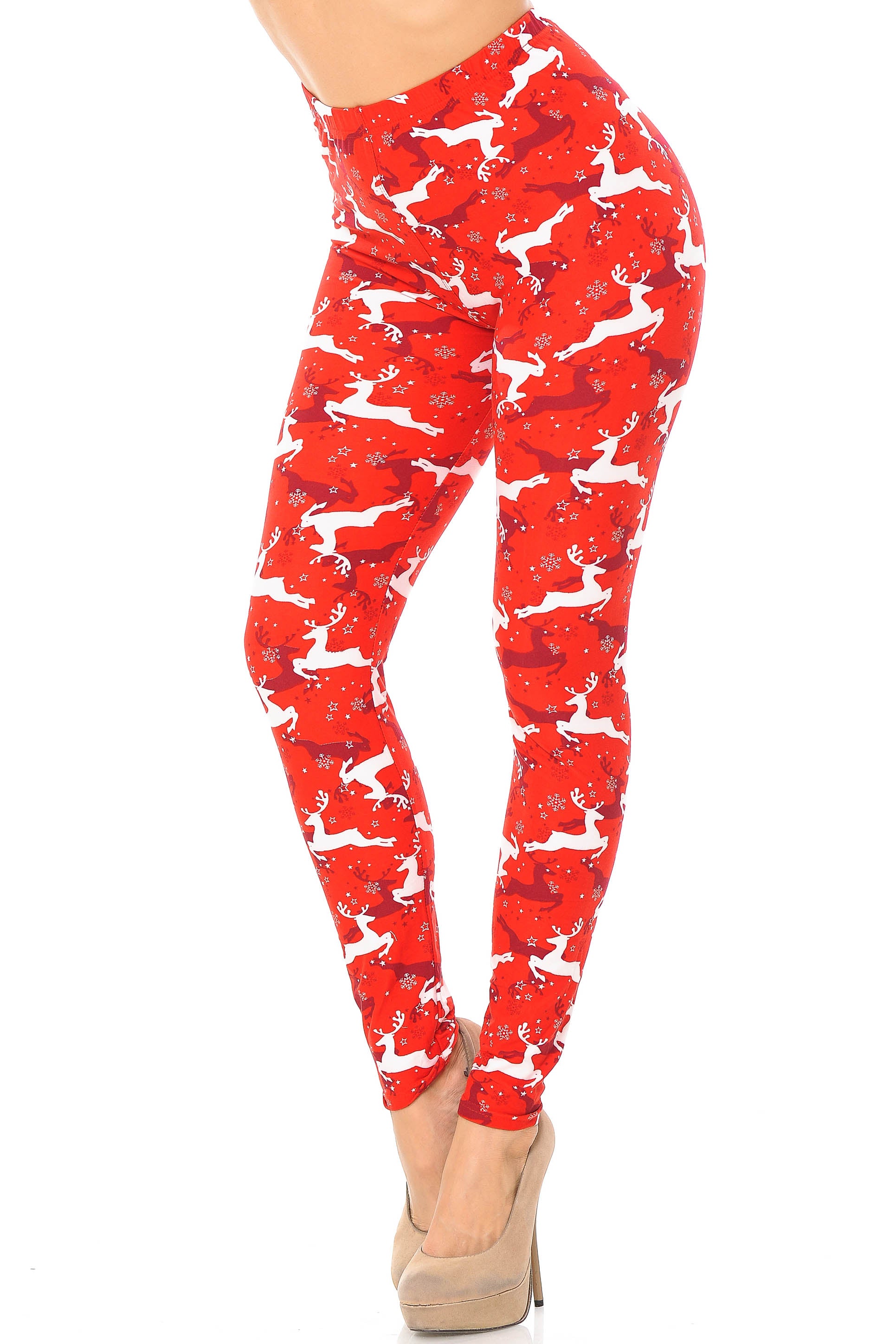 Wholesale Buttery Smooth Ruby Red Leaping Reindeer Christmas Leggings