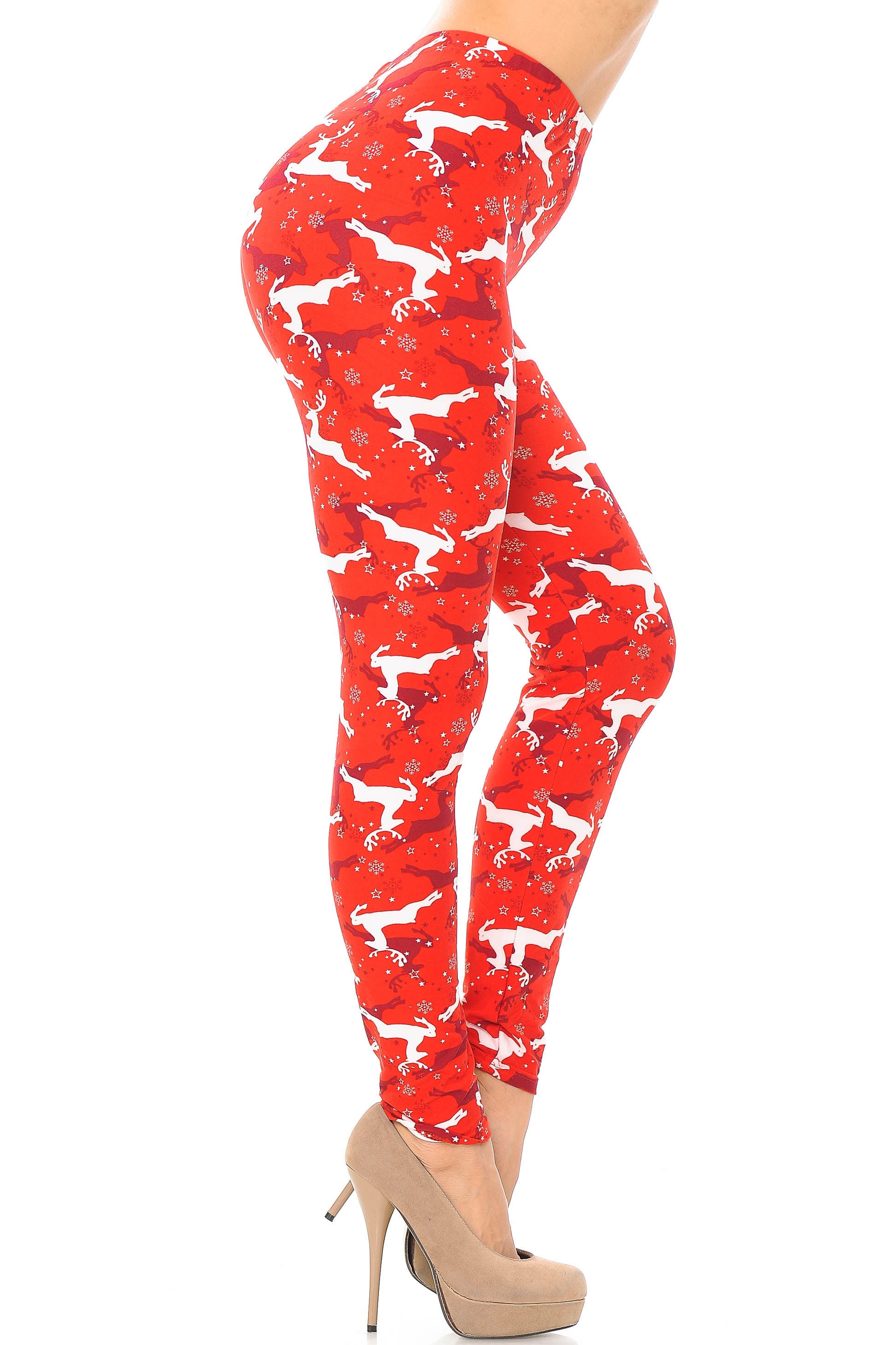 Wholesale Buttery Smooth Ruby Red Leaping Reindeer Christmas Leggings