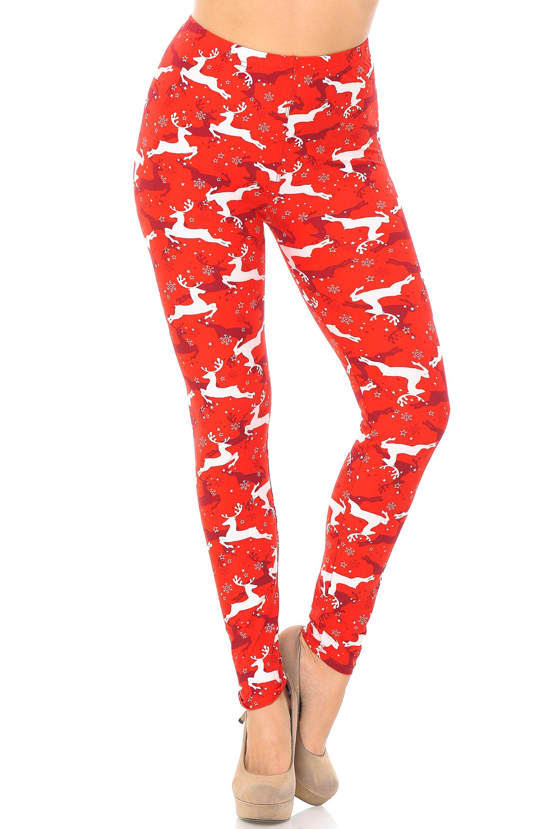 Wholesale Buttery Smooth Ruby Red Leaping Reindeer Christmas Leggings