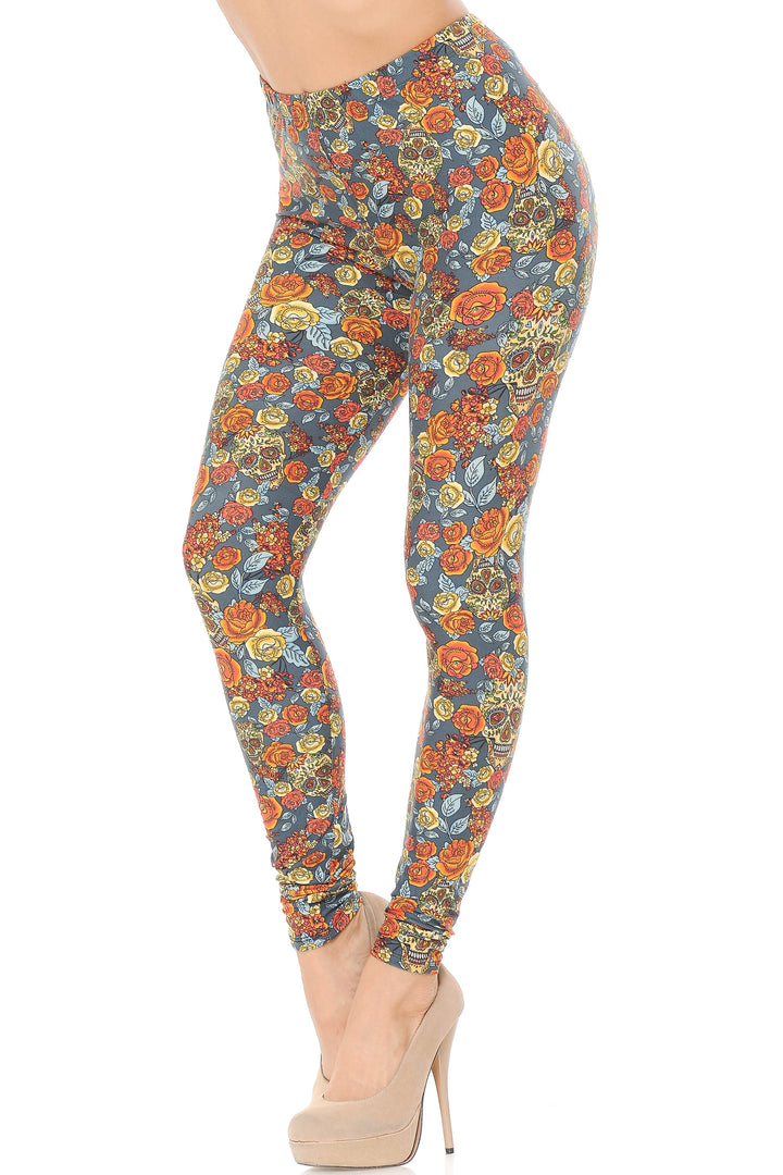 Wholesale Buttery Smooth Charcoal Rose and Skulls Leggings