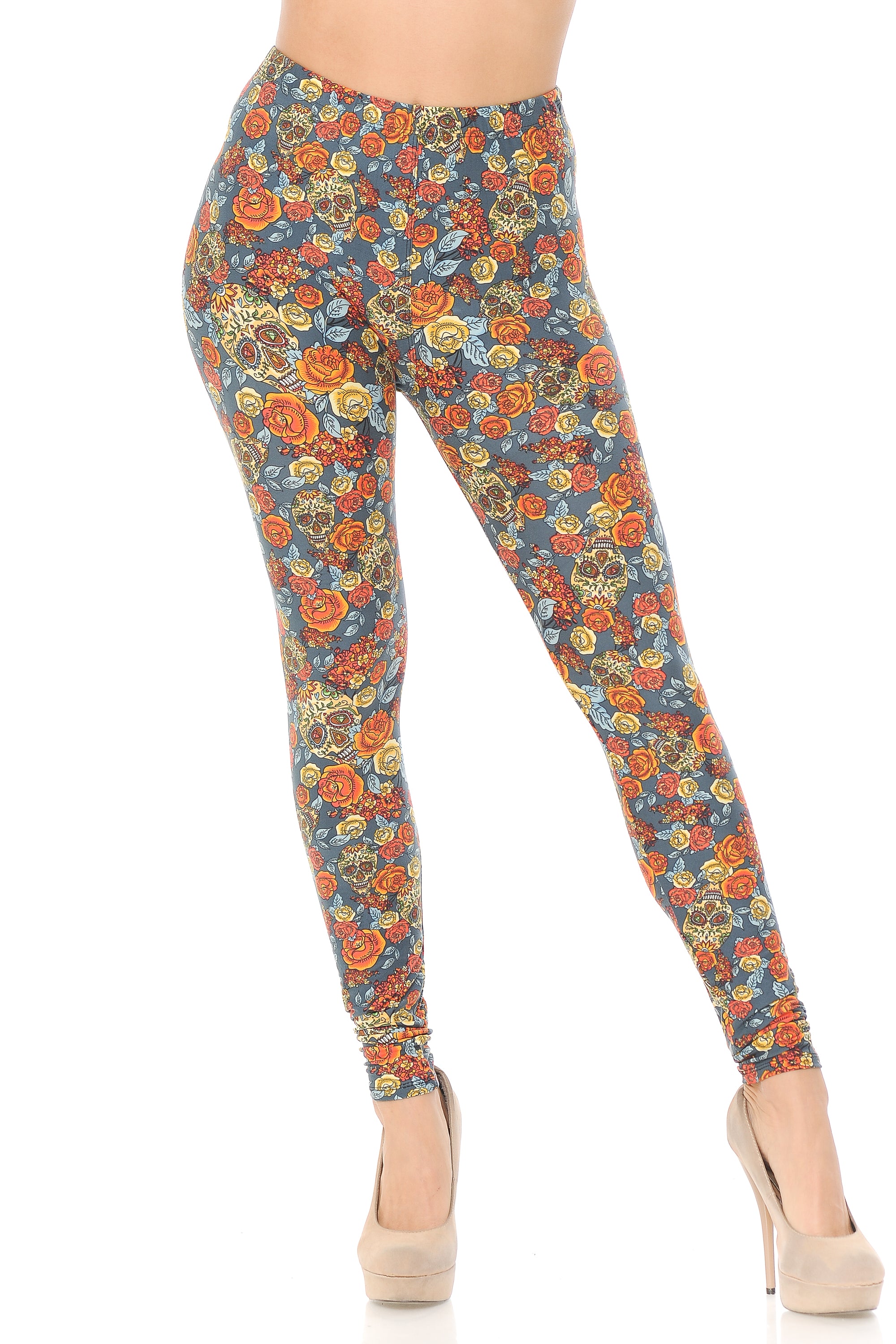 Wholesale Buttery Smooth Charcoal Rose and Skulls Leggings