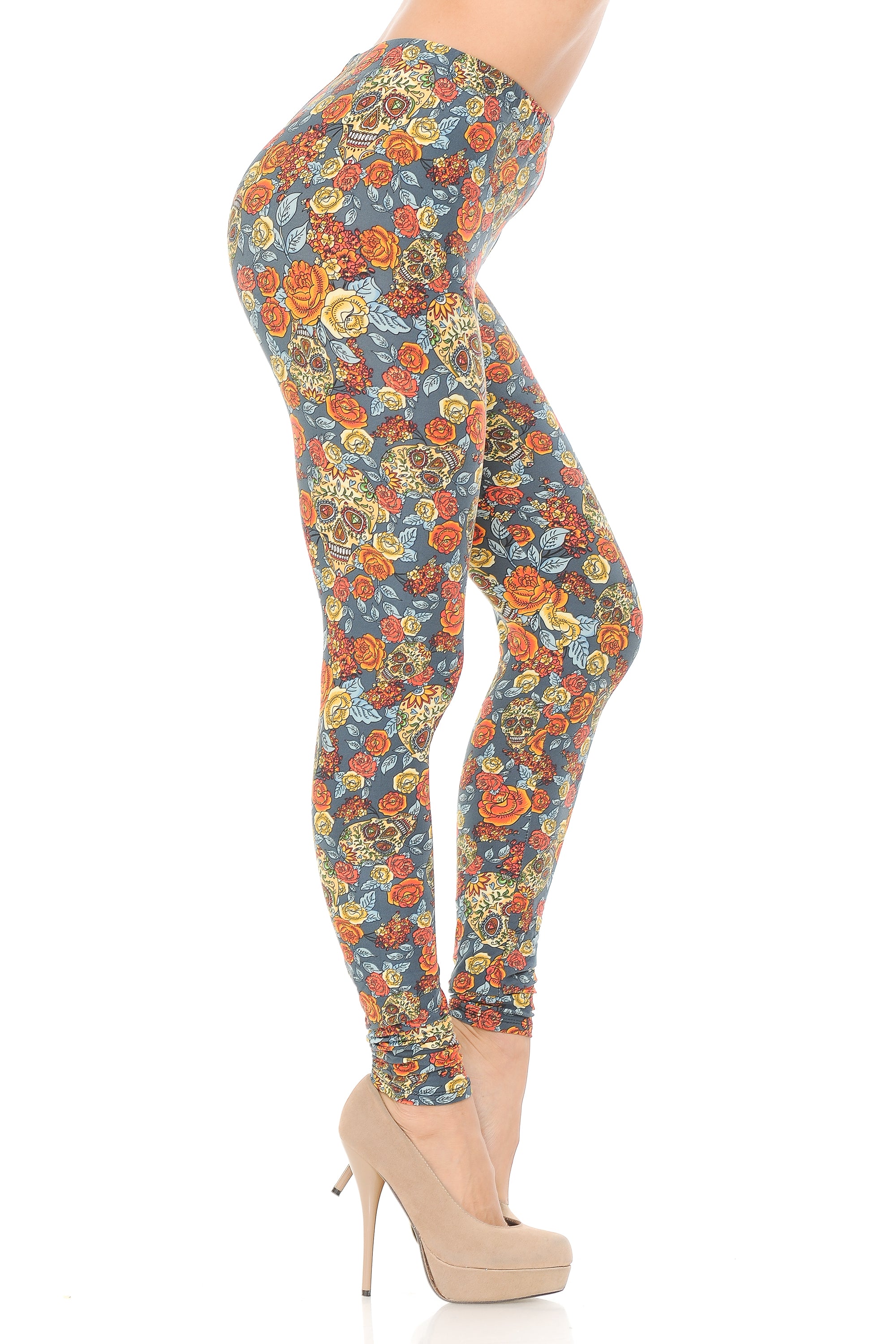 Wholesale Buttery Smooth Charcoal Rose and Skulls Leggings
