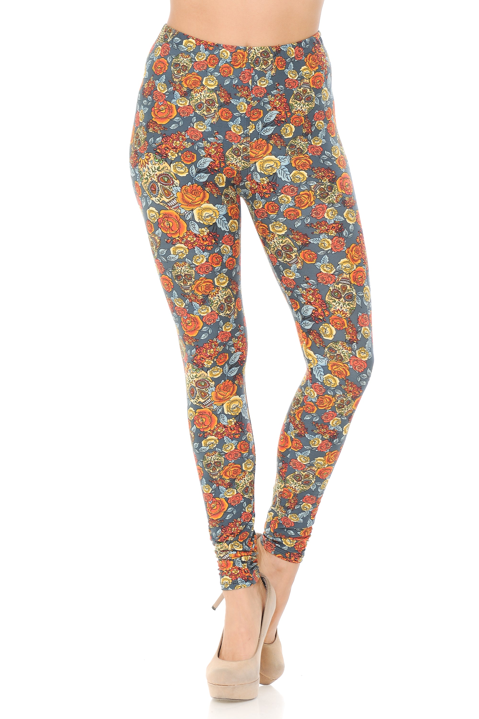 Wholesale Buttery Smooth Charcoal Rose and Skulls Leggings