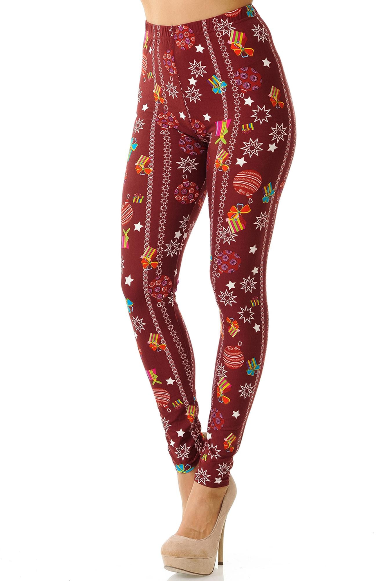 Wholesale Buttery Soft Burgundy Christmas Ornament Leggings
