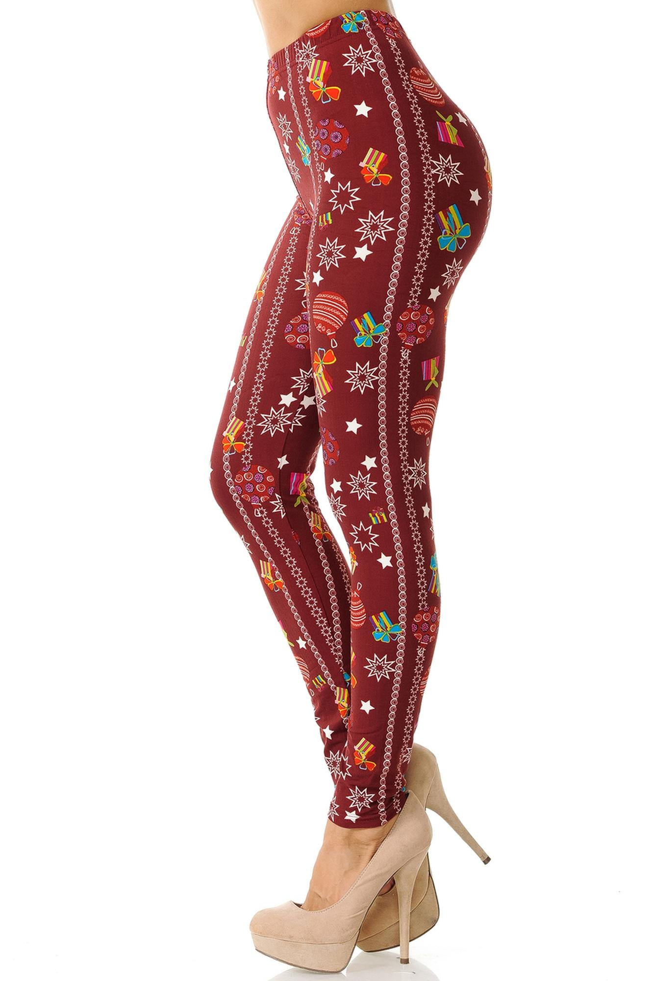 Wholesale Buttery Soft Burgundy Christmas Ornament Leggings
