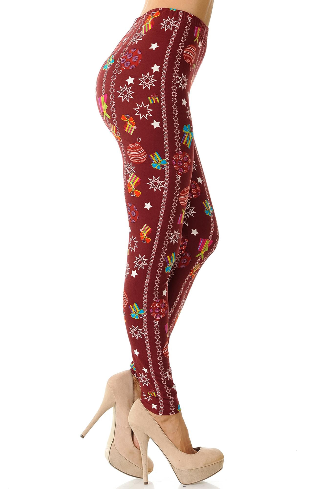 Wholesale Buttery Soft Burgundy Christmas Ornament Leggings