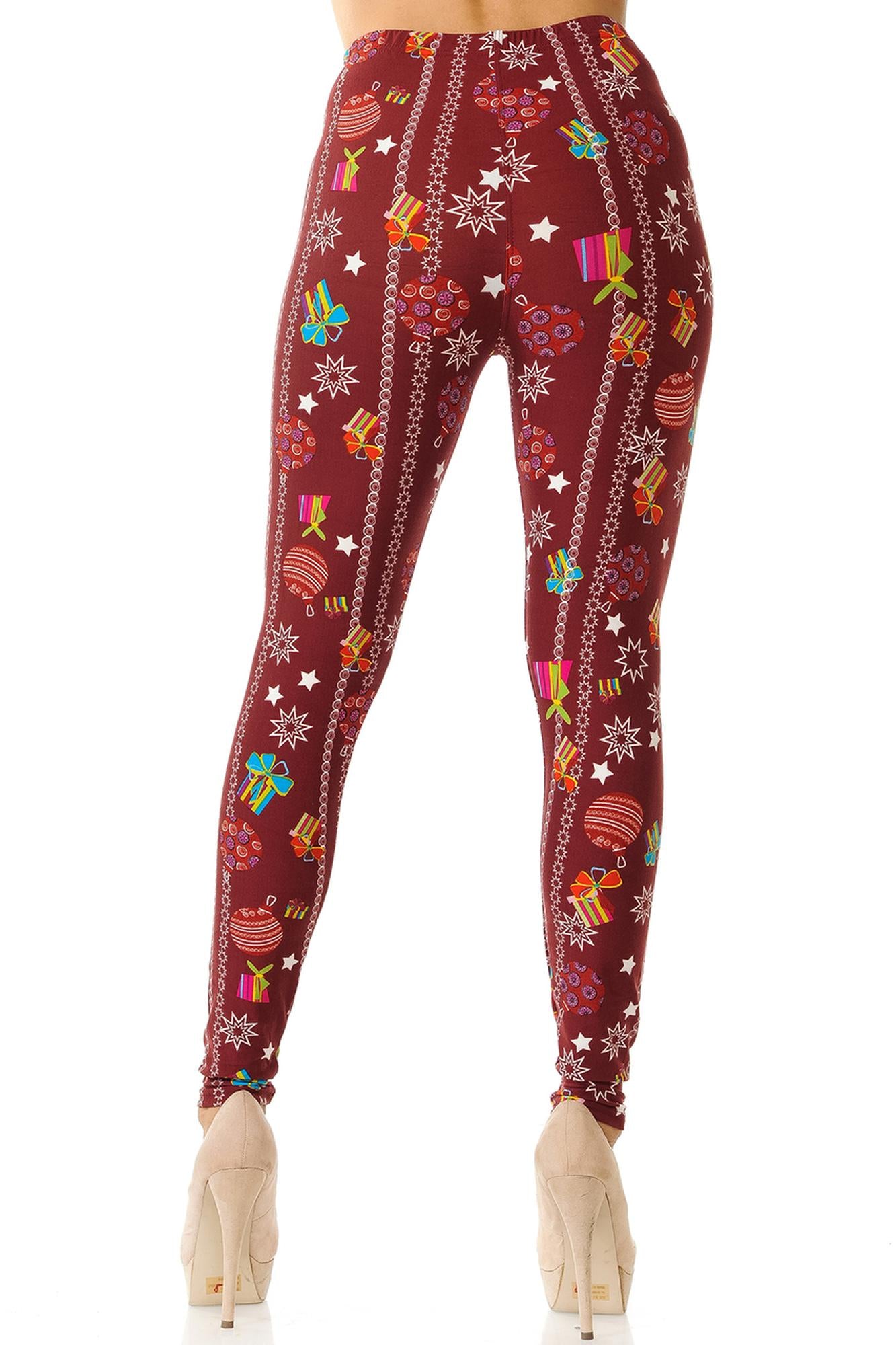 Wholesale Buttery Soft Burgundy Christmas Ornament Leggings