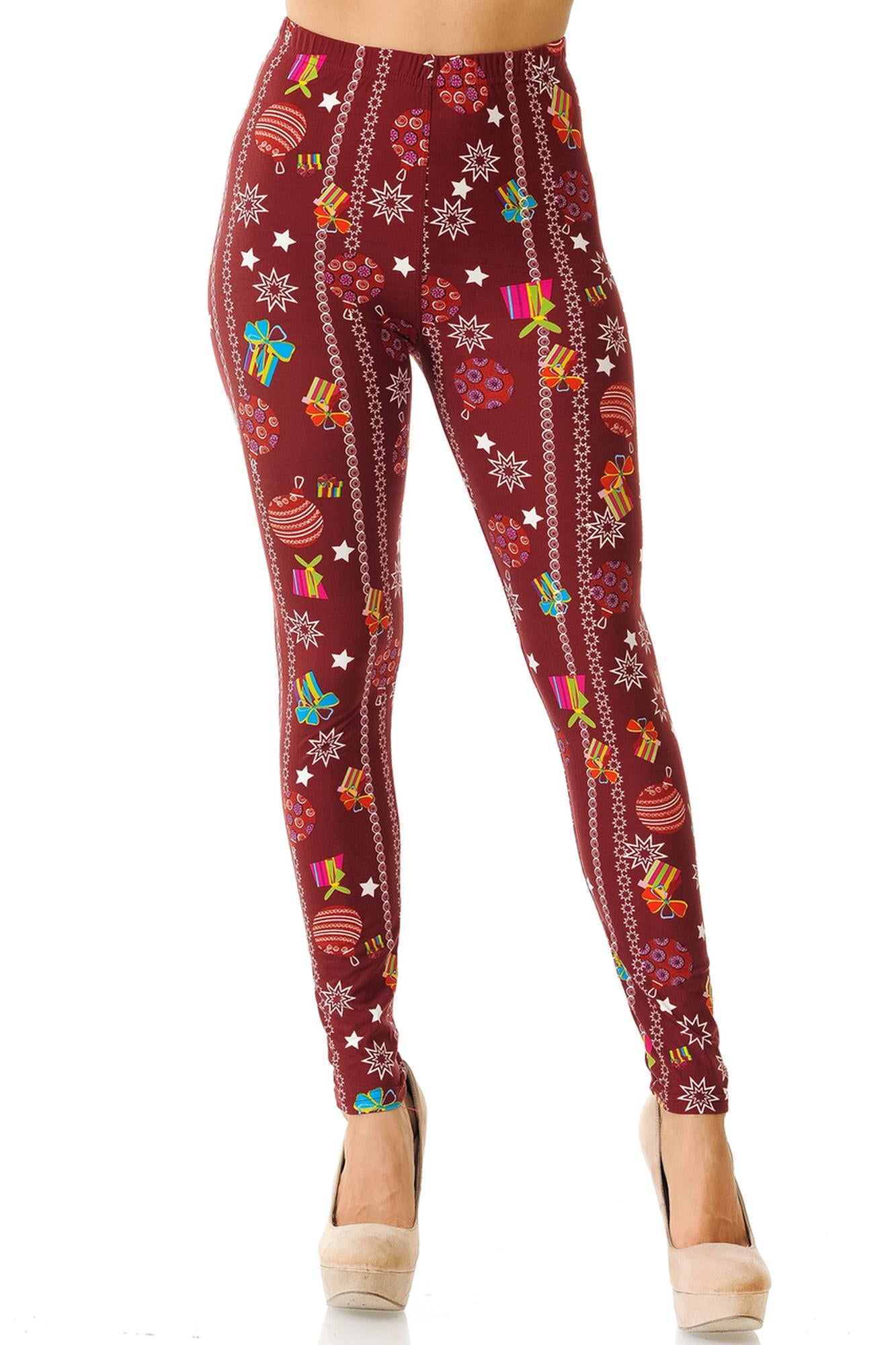 Wholesale Buttery Soft Burgundy Christmas Ornament Leggings