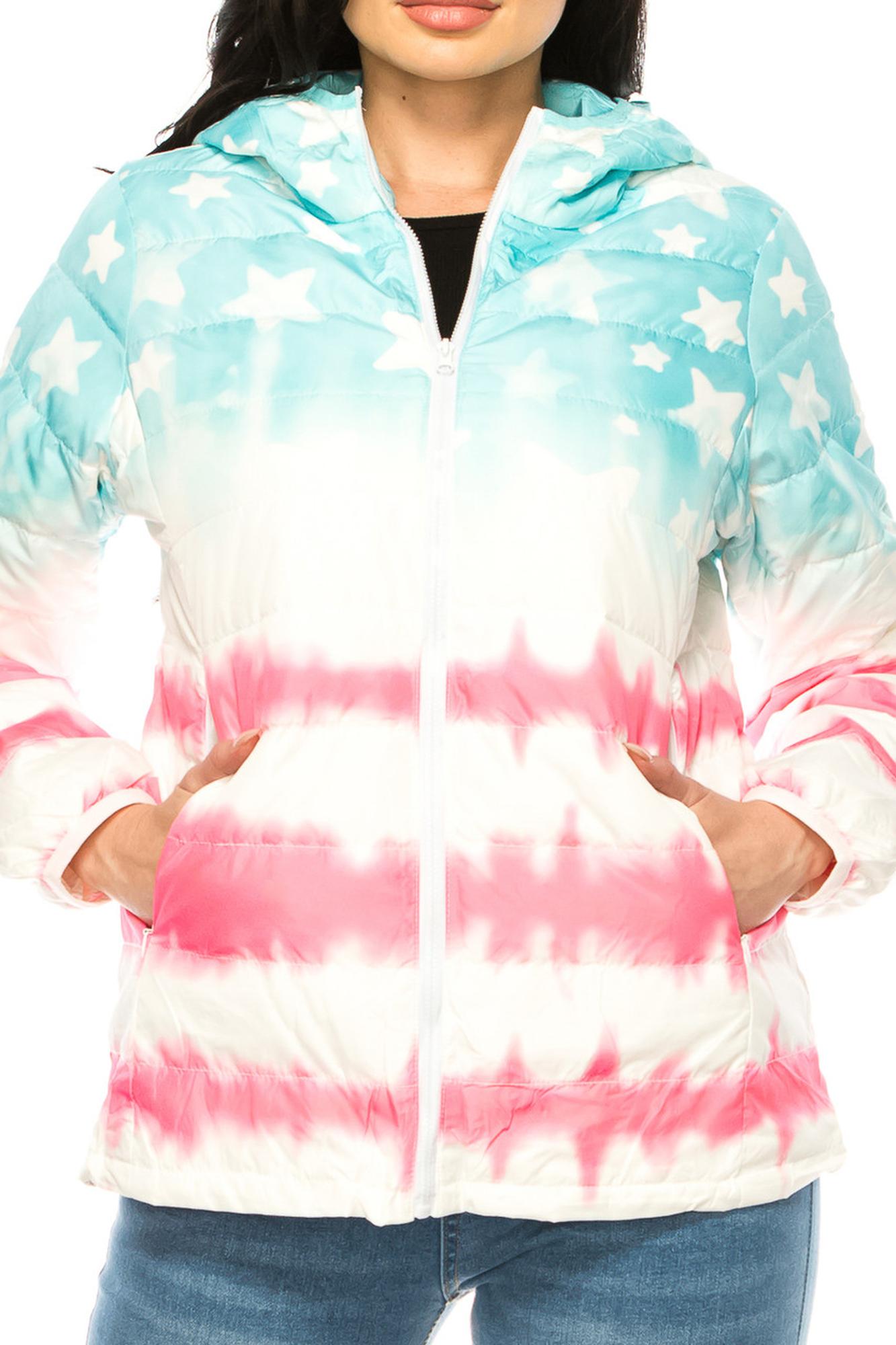 Wholesale Women's Pink & Blue Star Daub Winter Puffer Down Jacket