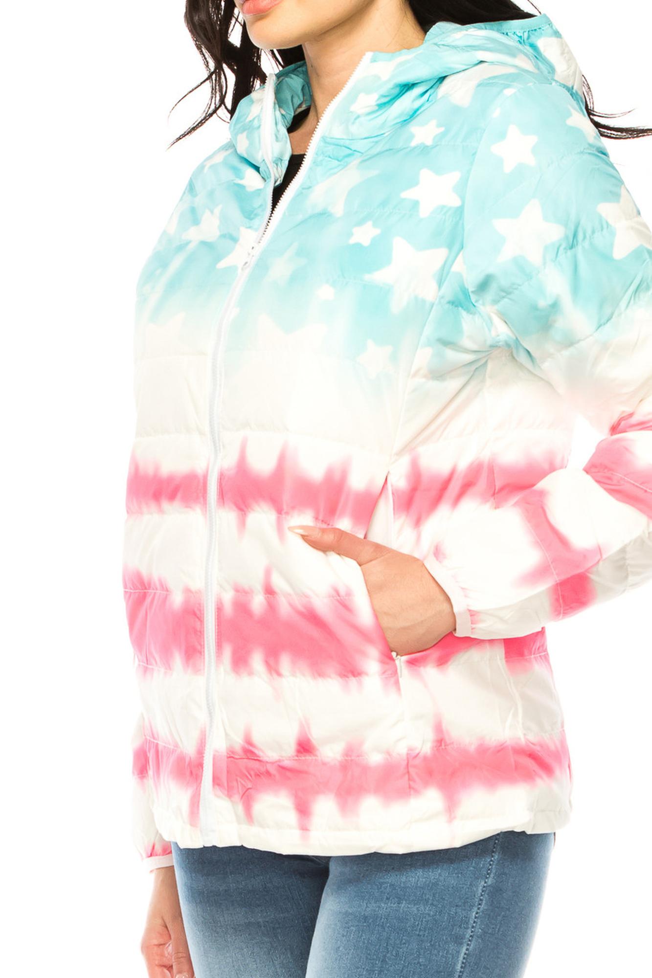 Wholesale Women's Pink & Blue Star Daub Winter Puffer Down Jacket