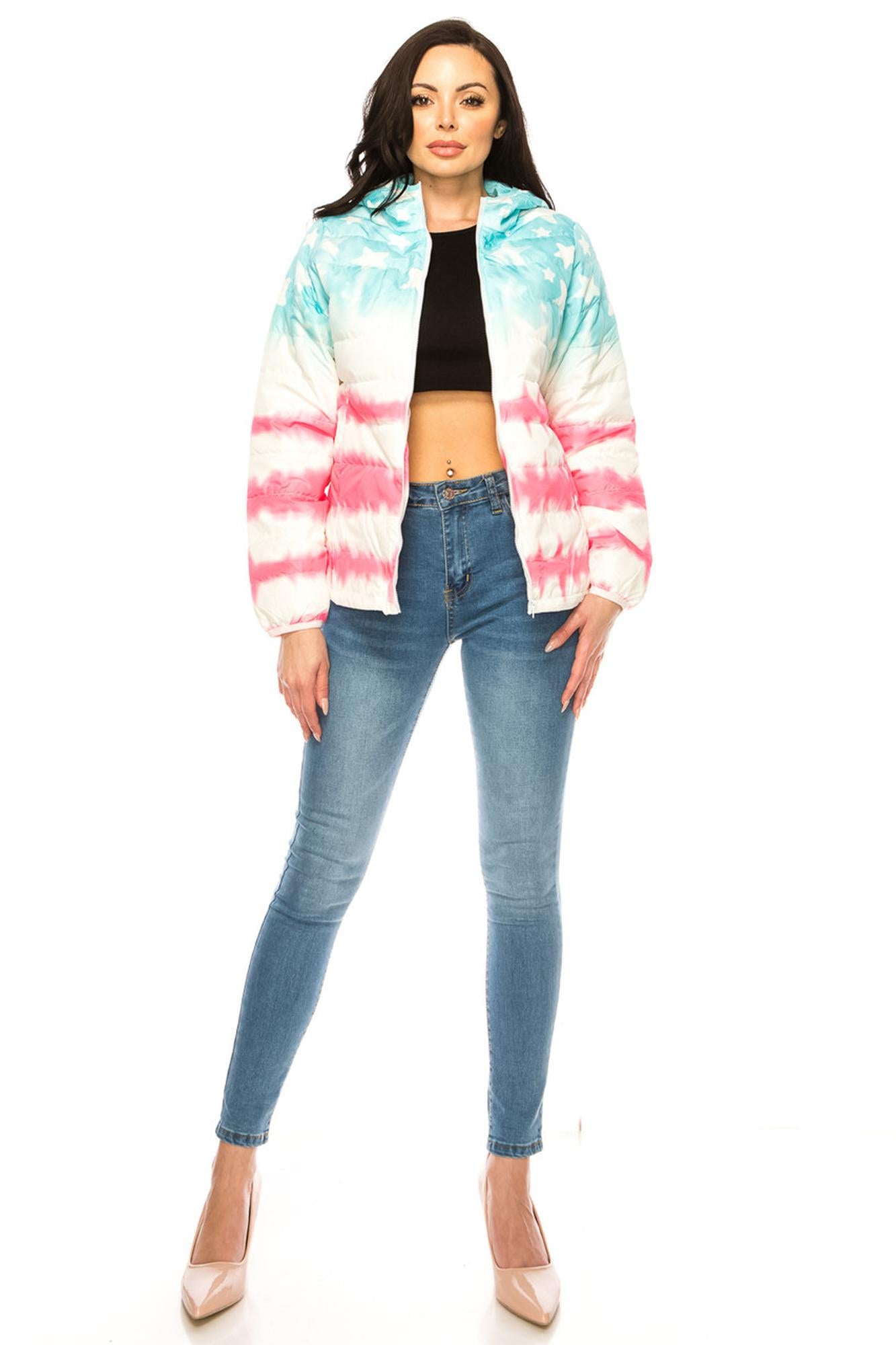 Wholesale Women's Pink & Blue Star Daub Winter Puffer Down Jacket