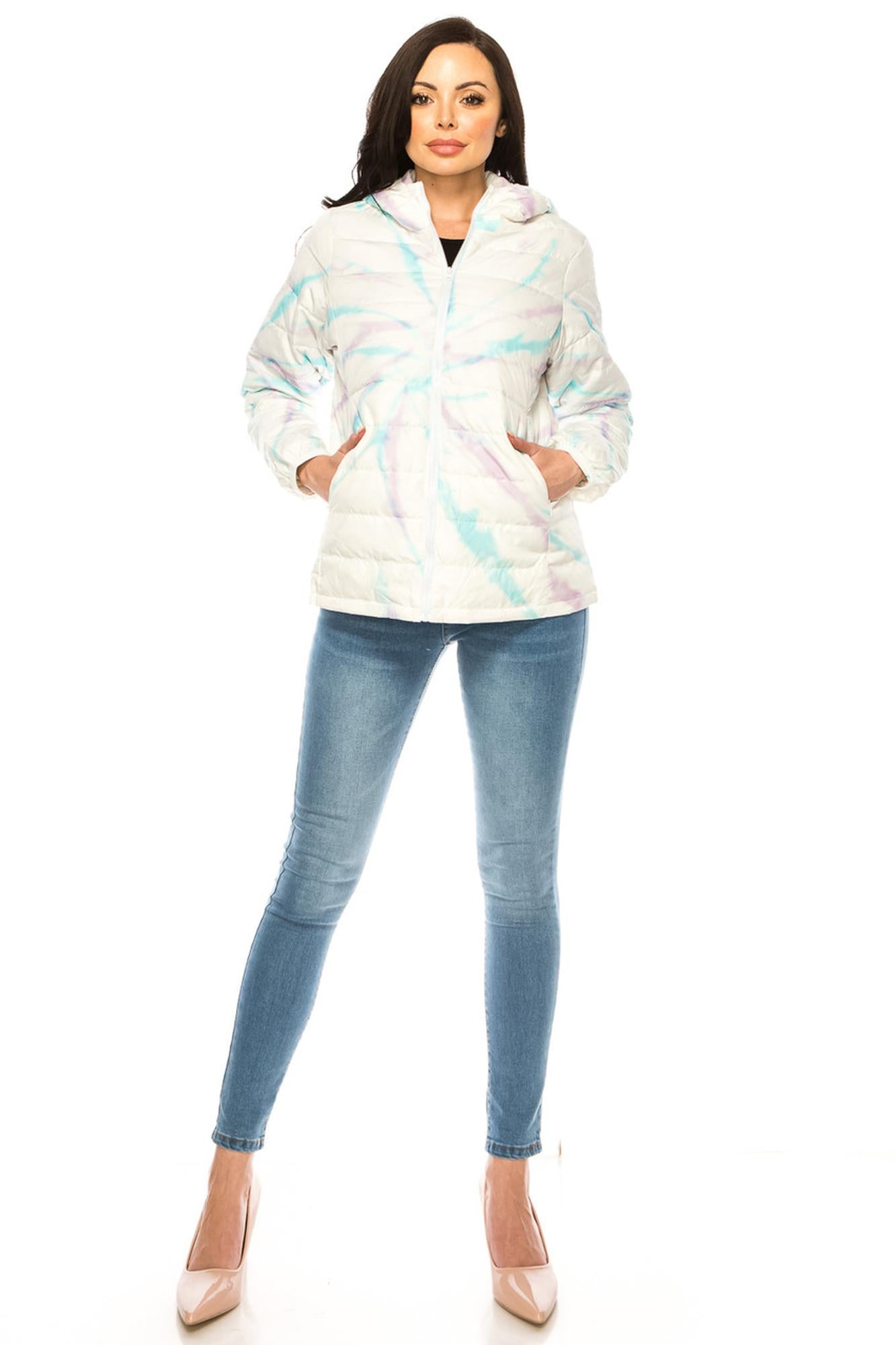 Wholesale Women's Purple and Teal Swirl Winter Puffer Down Jacket