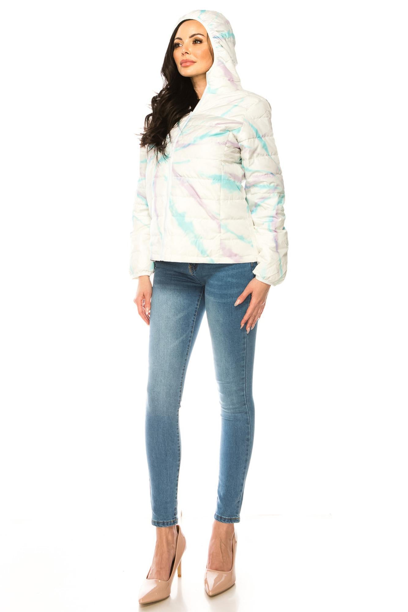 Wholesale Women's Purple and Teal Swirl Winter Puffer Down Jacket