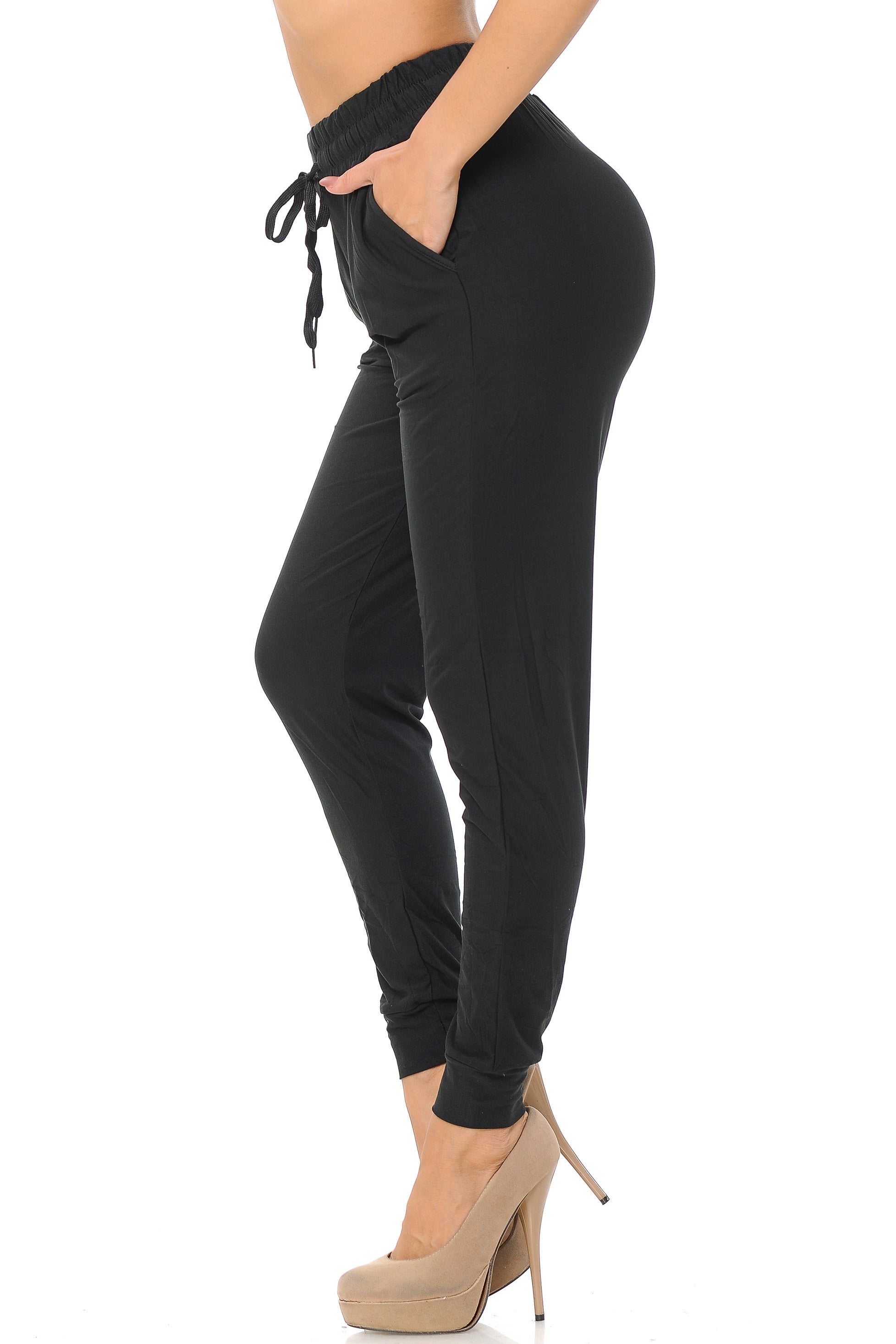 Wholesale Buttery Smooth Solid Basic Black Women's Joggers - EEVEE