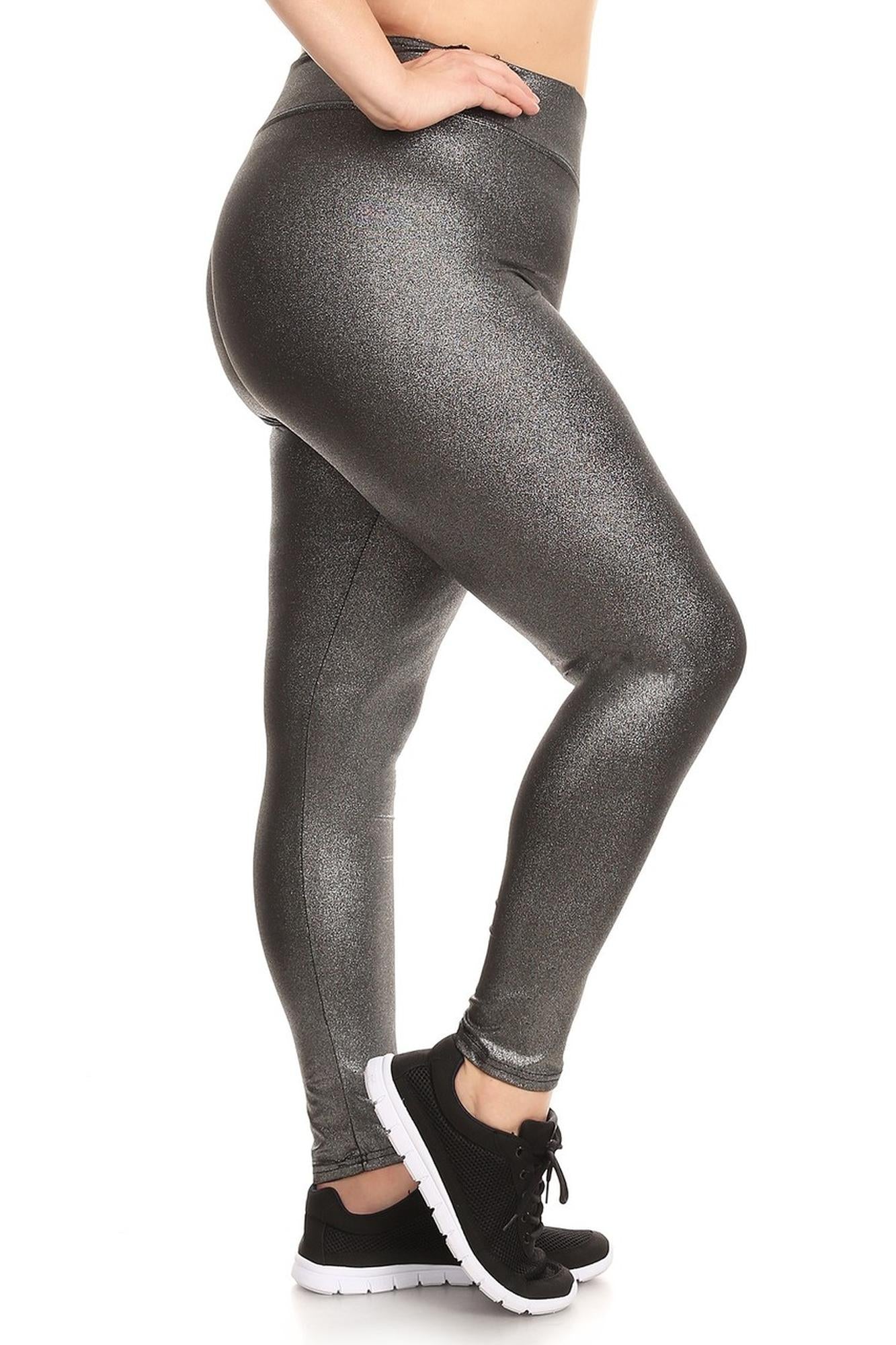 Wholesale High Waisted Metallic Silver Plus Size Sport Leggings