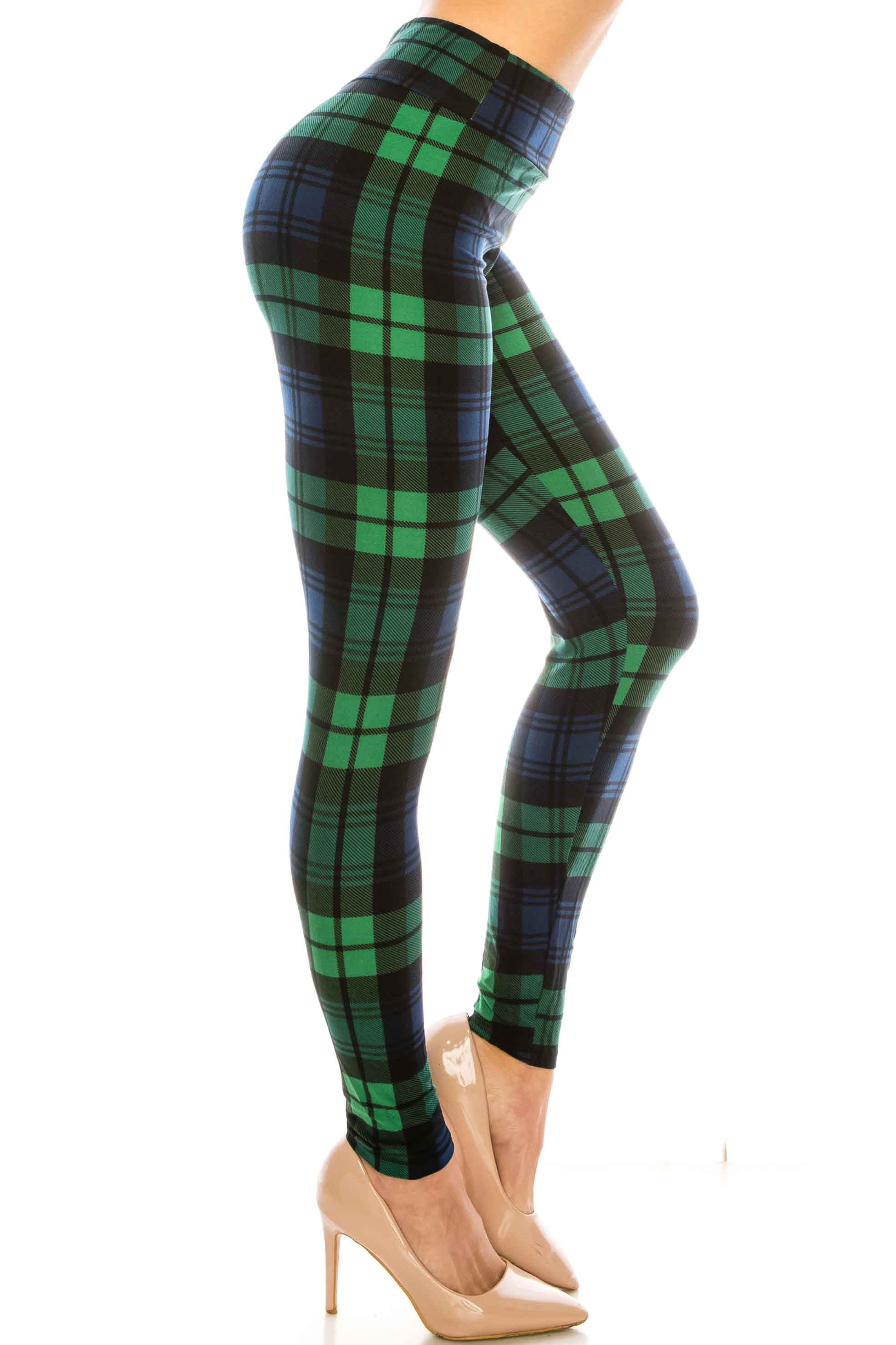 Wholesale Buttery Smooth Green Plaid High Waisted Leggings