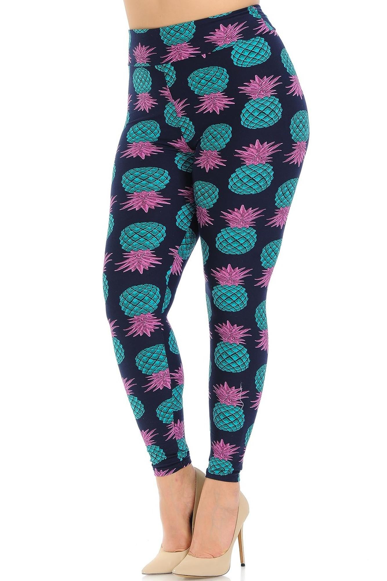 Wholesale Buttery Smooth Teal Pineapple High Waisted Plus Size Leggings - EEVEE