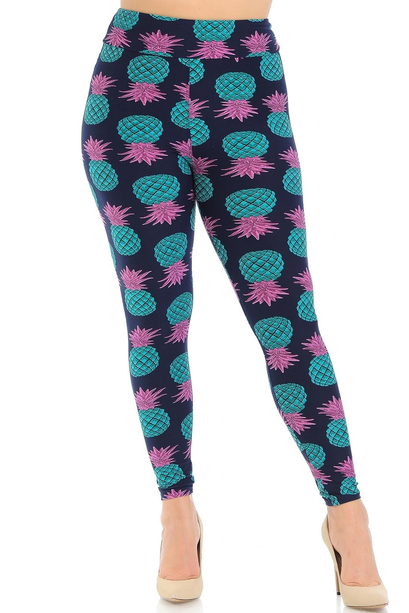 Wholesale Buttery Smooth Teal Pineapple High Waisted Plus Size Leggings - EEVEE
