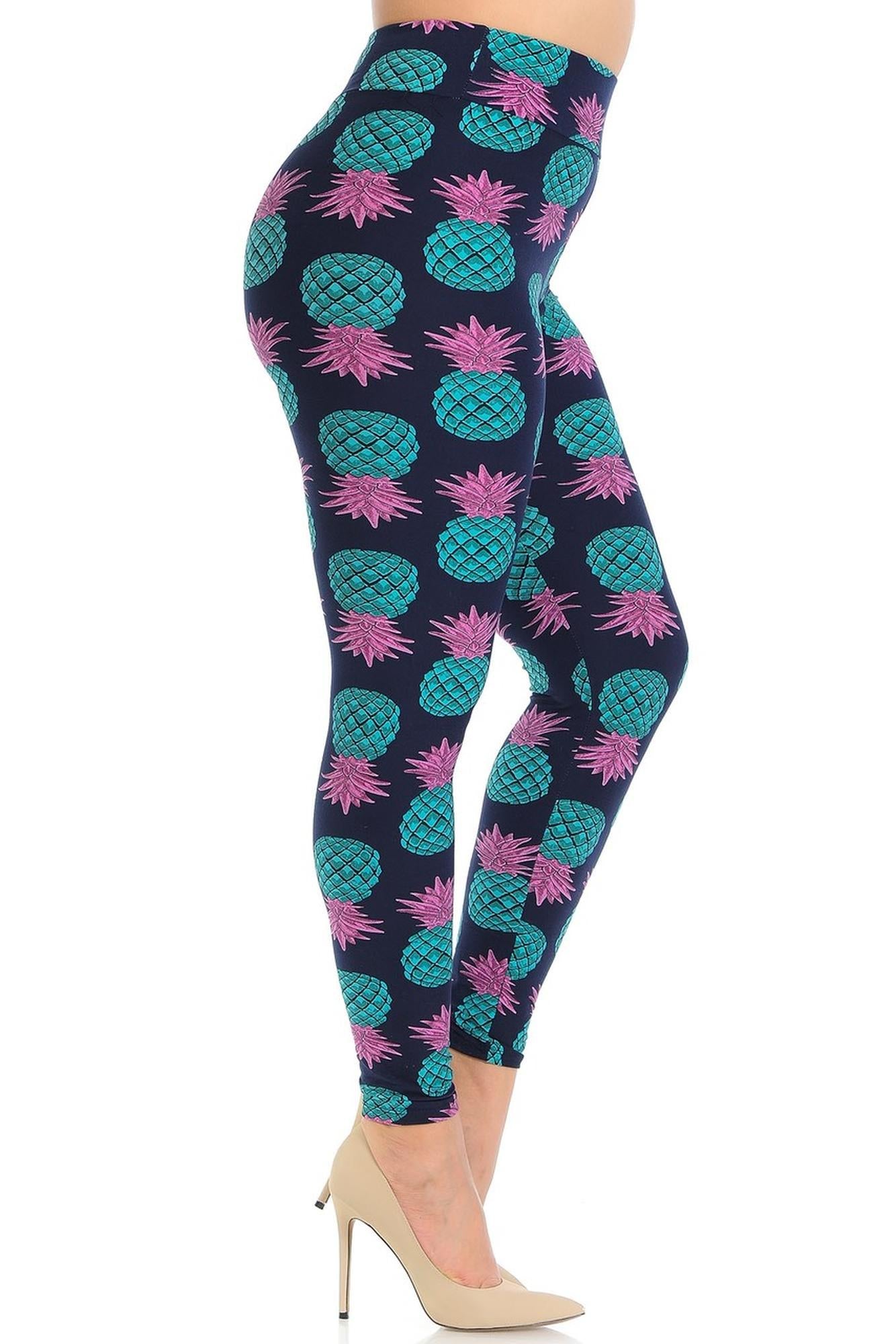 Wholesale Buttery Smooth Teal Pineapple High Waisted Plus Size Leggings - EEVEE