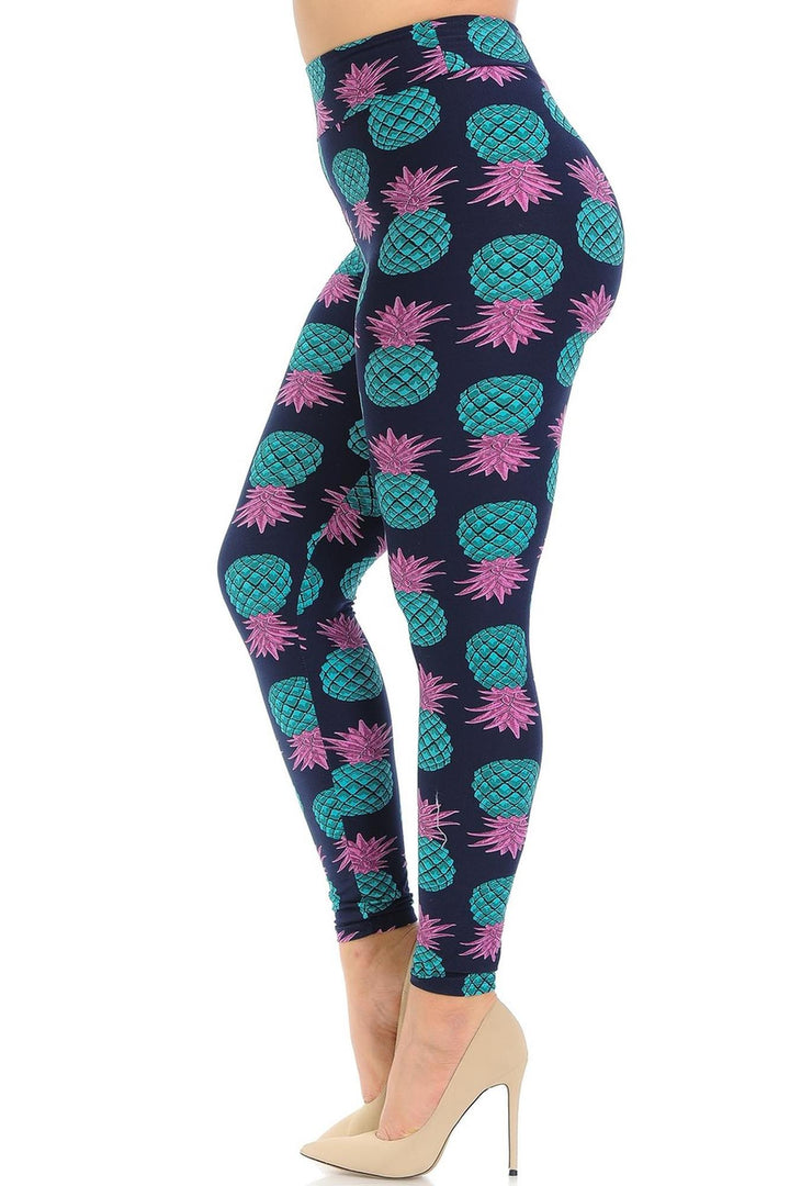 Wholesale Buttery Smooth Teal Pineapple High Waisted Plus Size Leggings - EEVEE