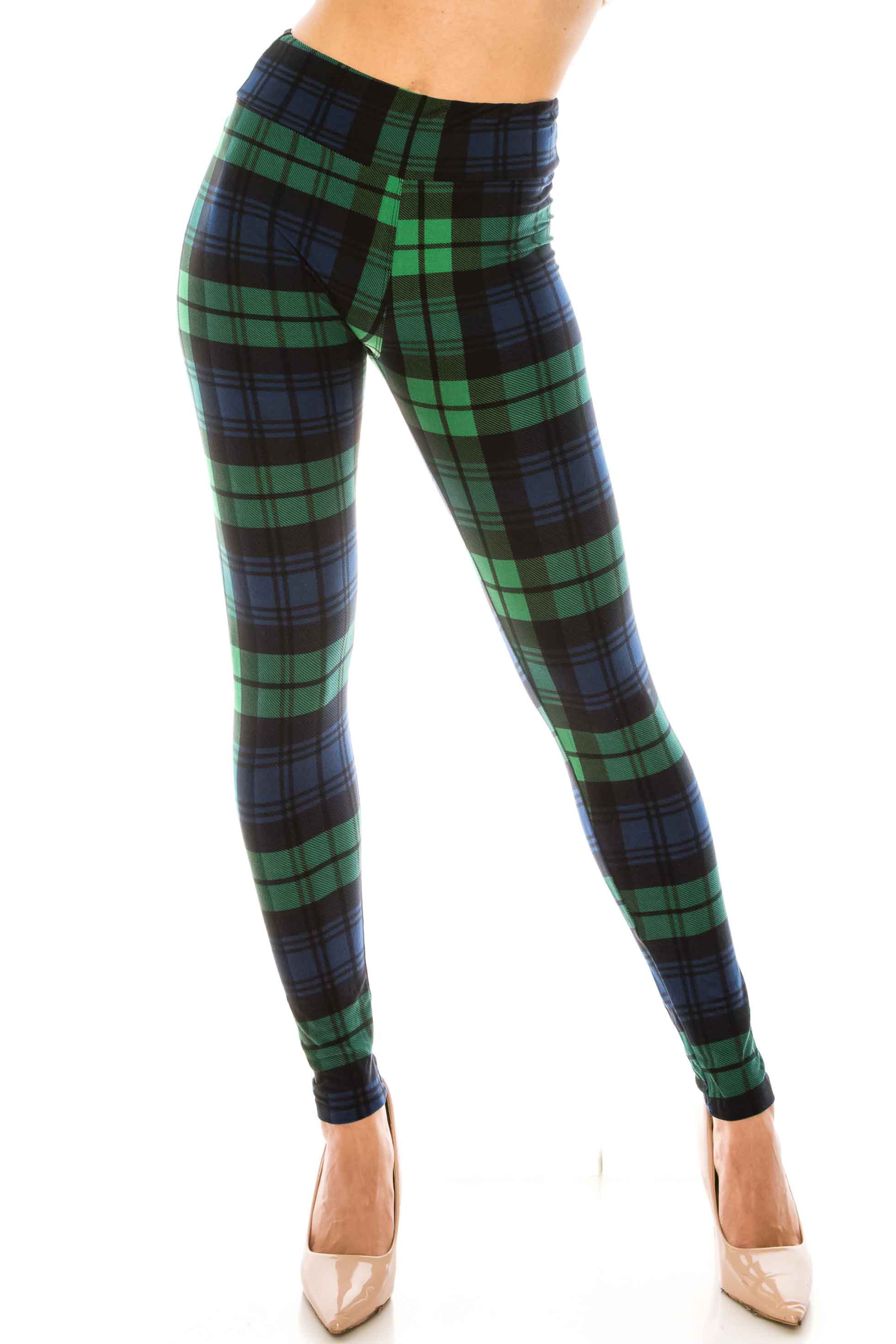Wholesale Buttery Smooth Green Plaid High Waisted Leggings
