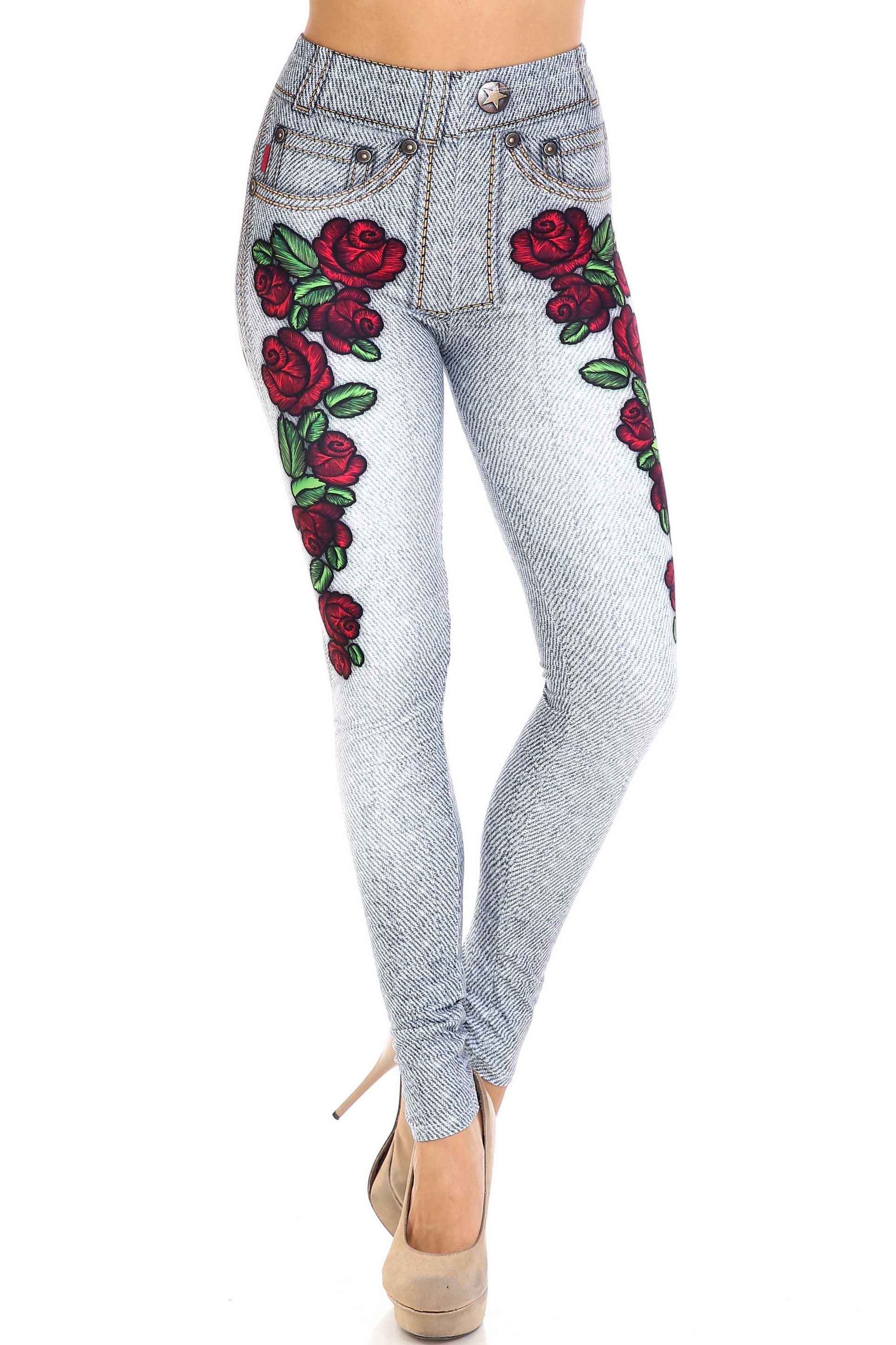 Wholesale Creamy Soft Light Blue Denim Rose Leggings - By USA Fashion