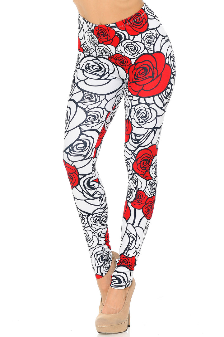 Wholesale Creamy Soft Red Stencil Roses Leggings - USA Fashion