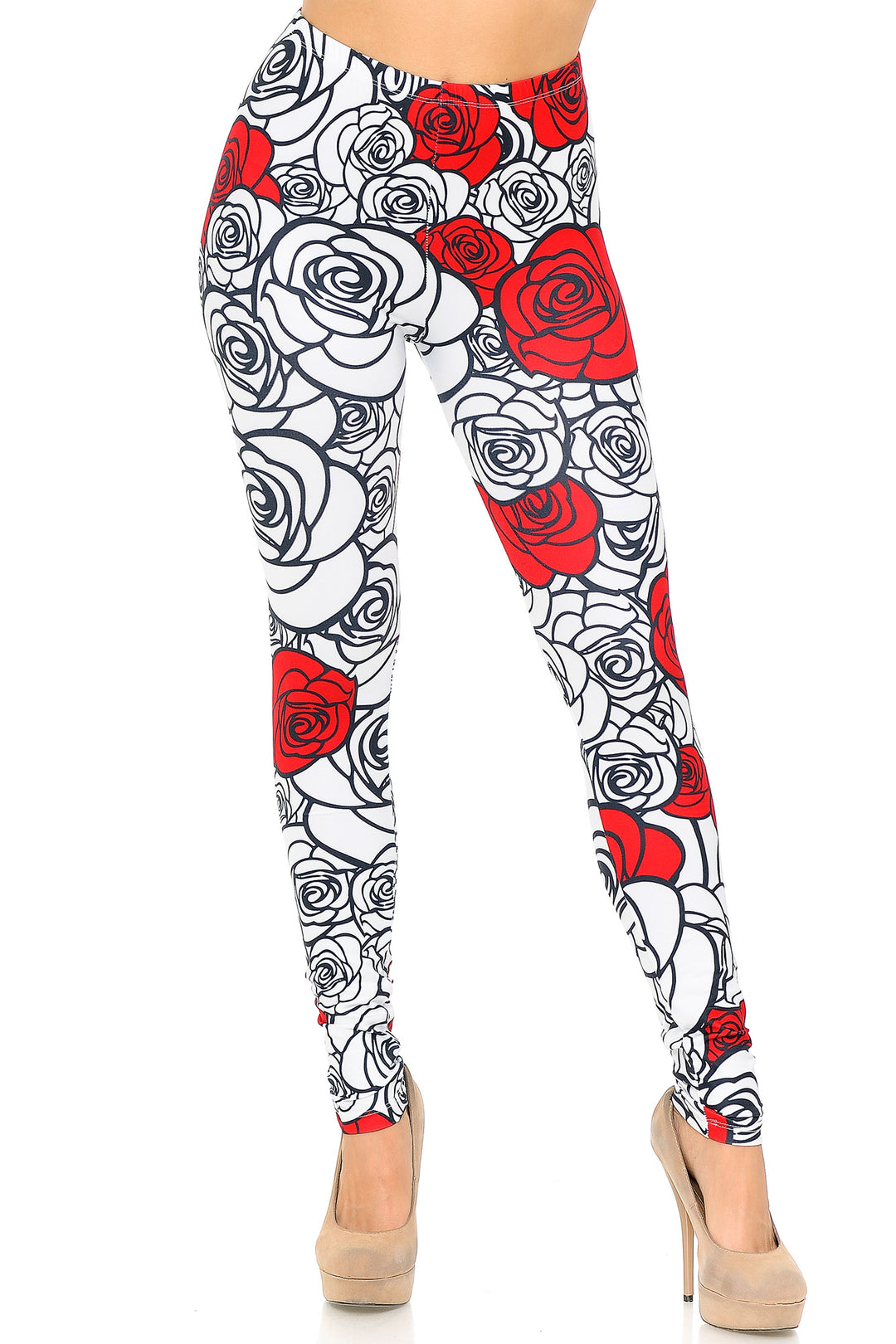 Wholesale Creamy Soft Red Stencil Roses Leggings - USA Fashion