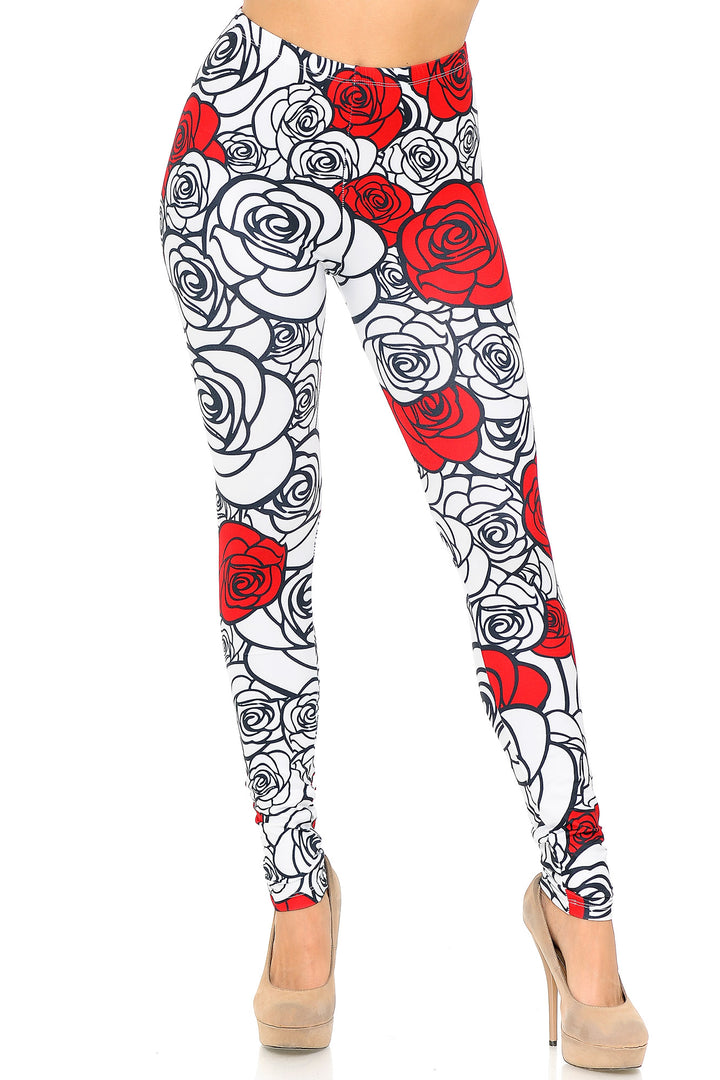 Wholesale Creamy Soft Red Stencil Roses Leggings - USA Fashion