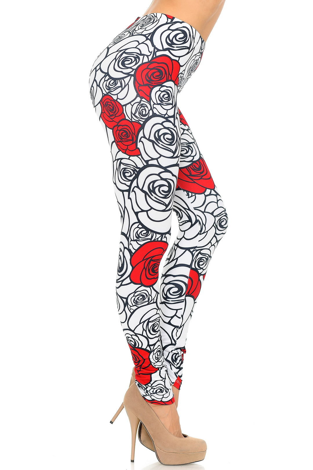 Wholesale Creamy Soft Red Stencil Roses Leggings - USA Fashion