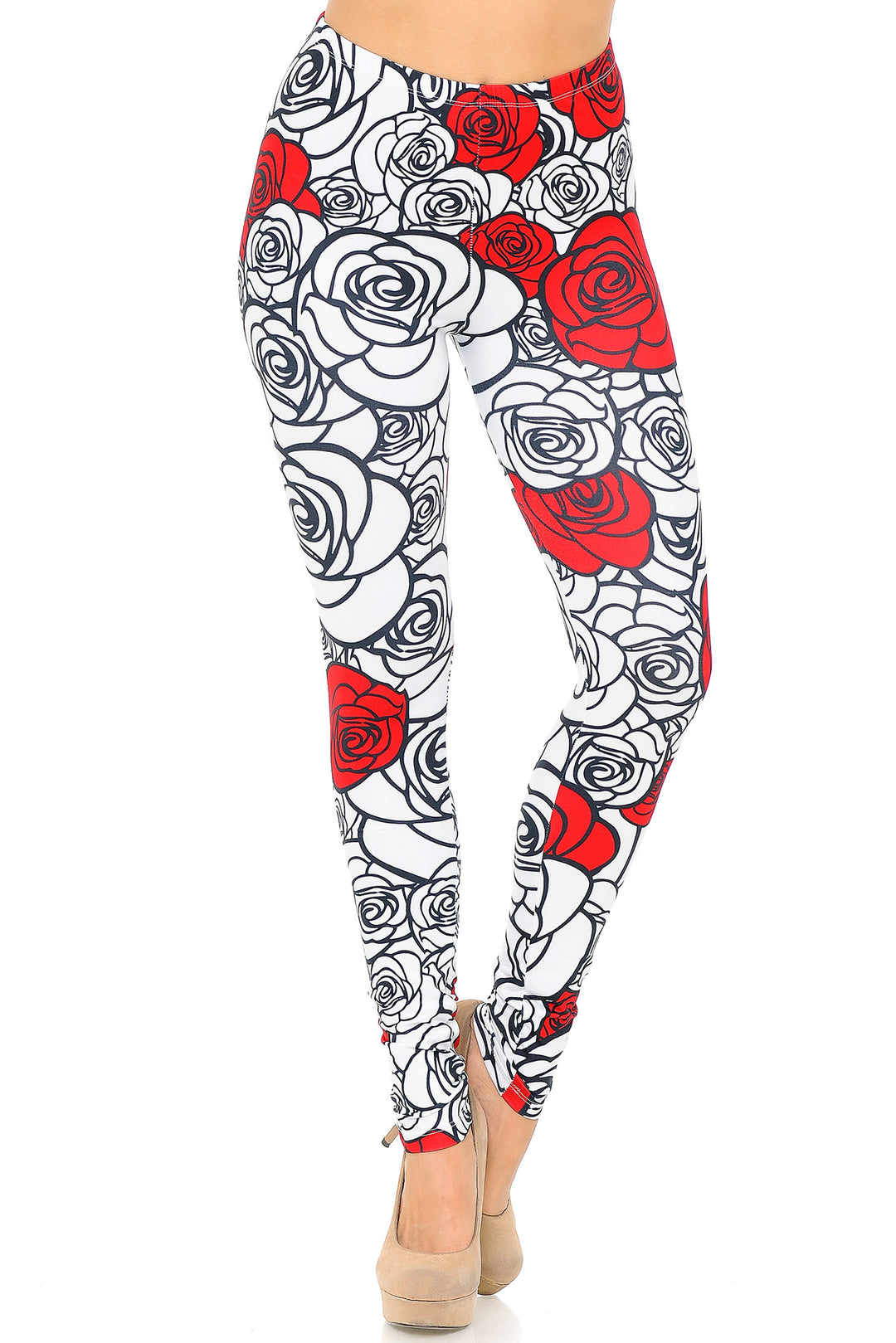 Wholesale Creamy Soft Red Stencil Roses Leggings - USA Fashion