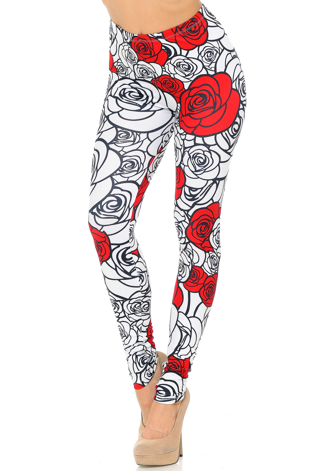 Wholesale Creamy Soft Red Stencil Roses Leggings - USA Fashion