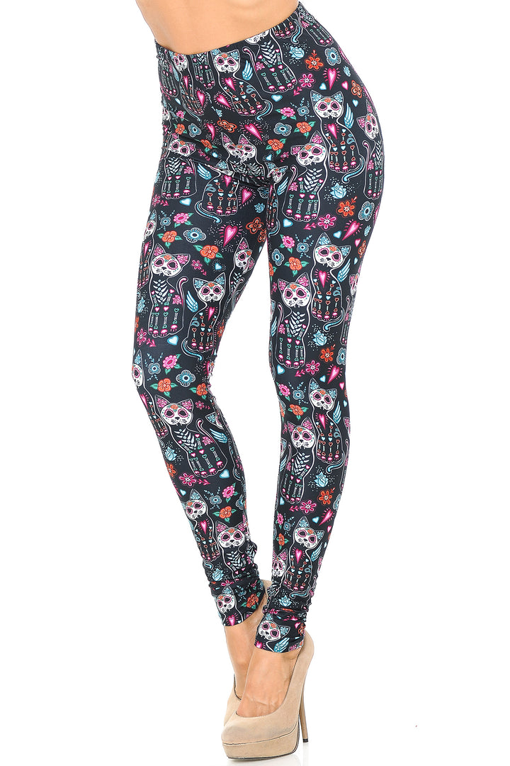 Wholesale Creamy Soft Sugar Skull Kitty Cats Leggings - USA Fashion