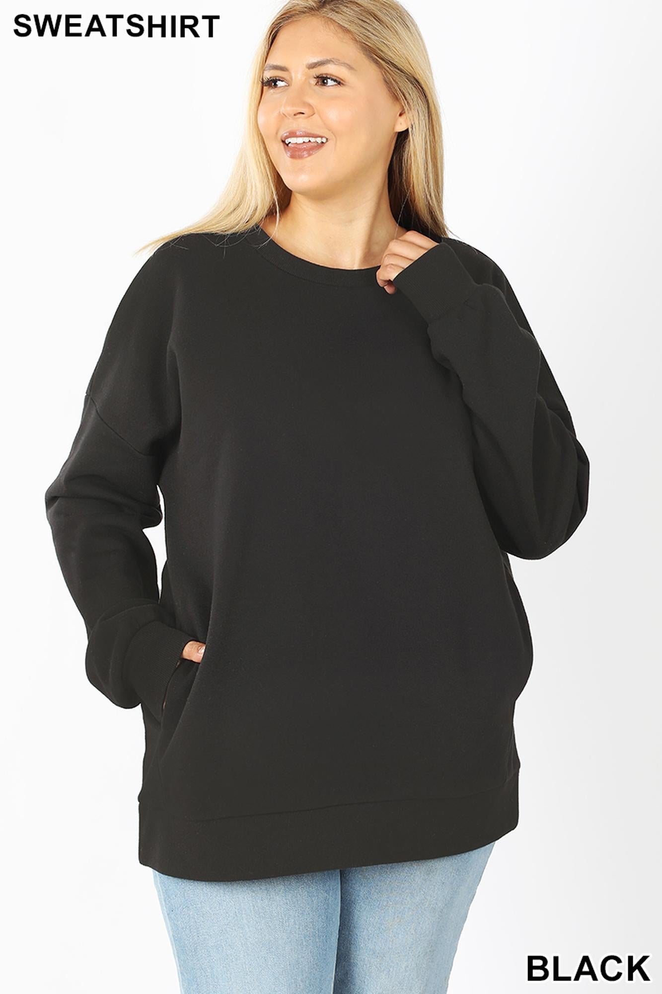 Wholesale Round Crew Neck Plus Size Sweatshirt with Side Pockets