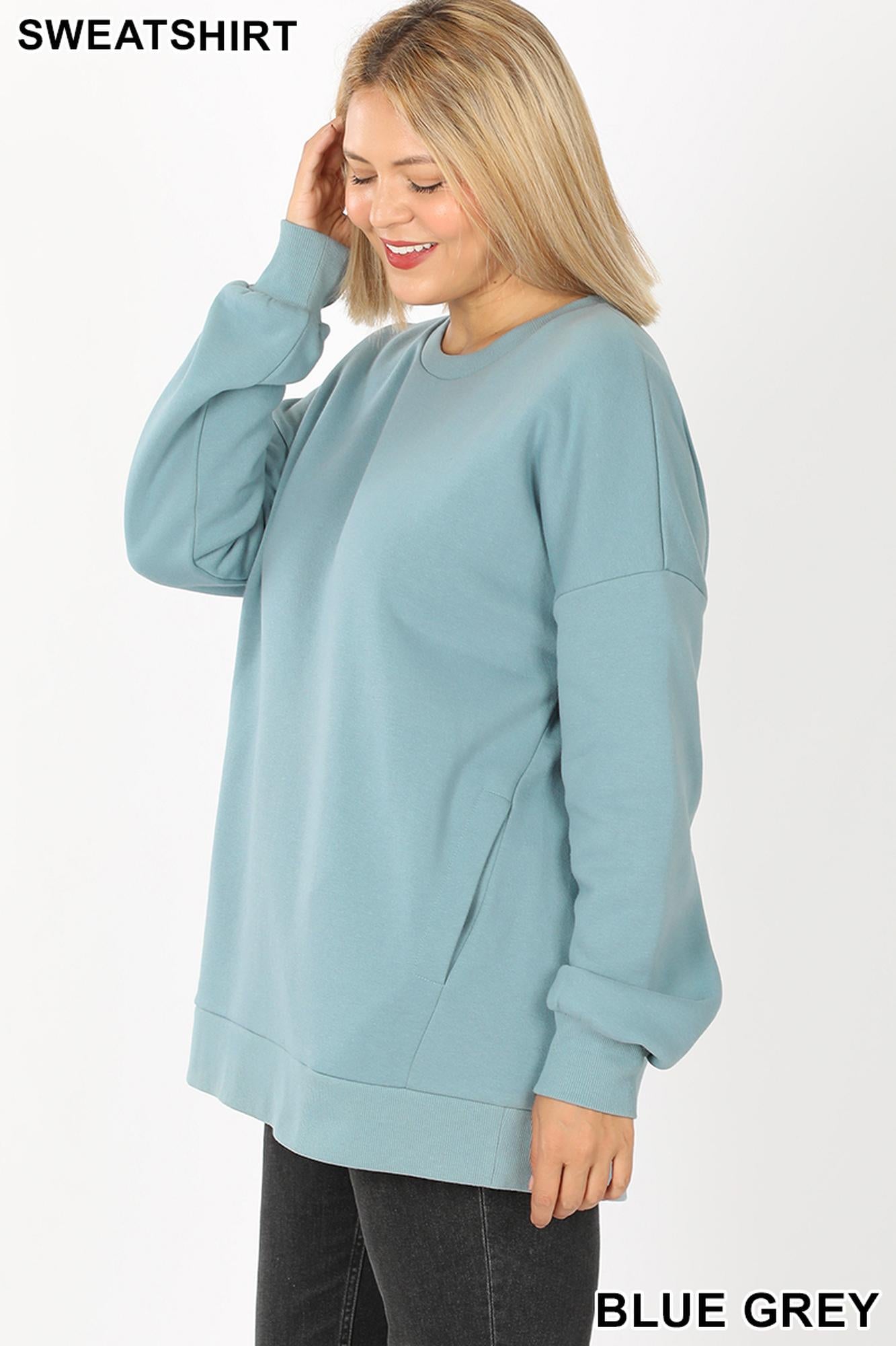 Wholesale Round Crew Neck Plus Size Sweatshirt with Side Pockets