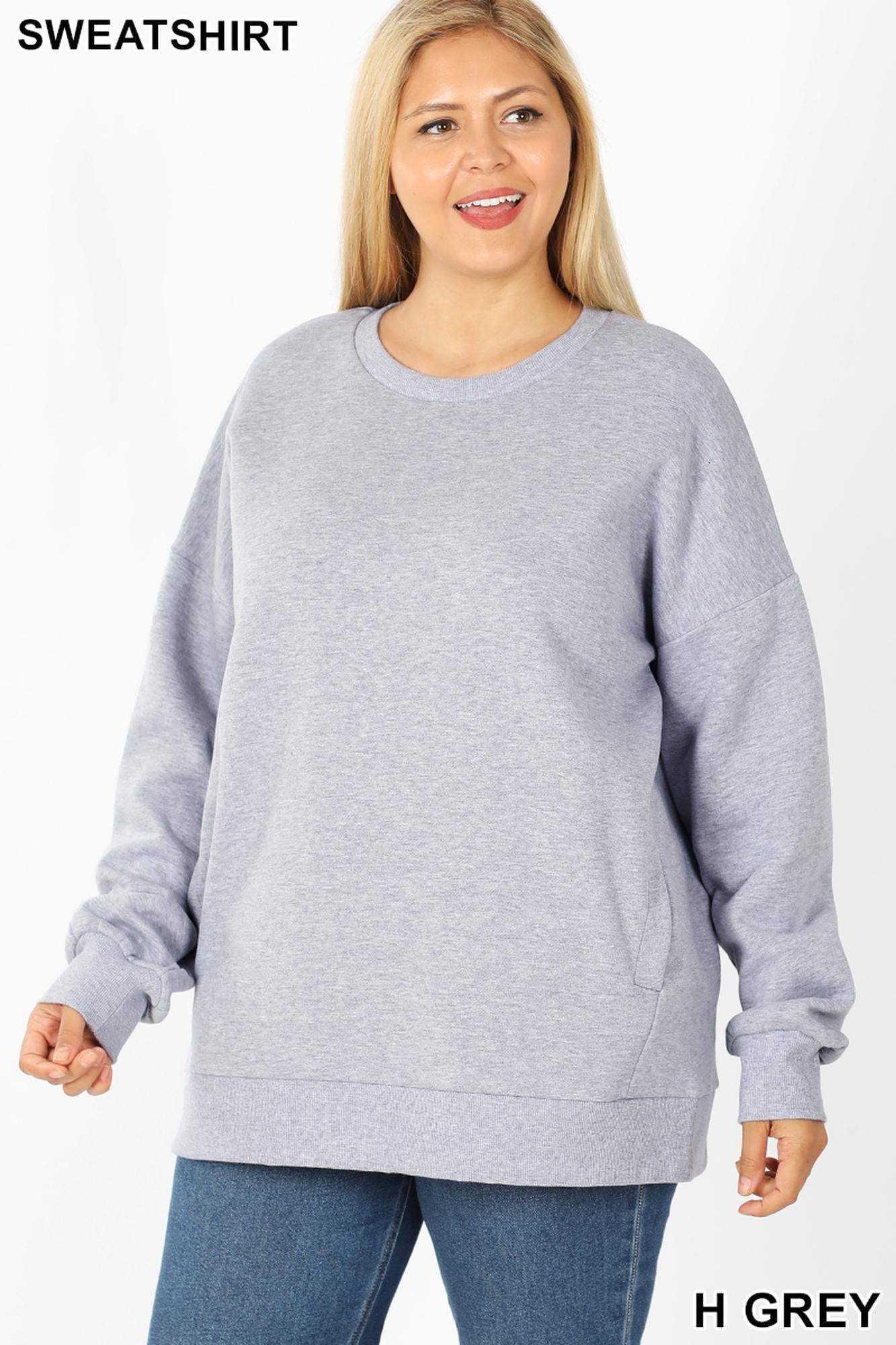 Wholesale Round Crew Neck Plus Size Sweatshirt with Side Pockets