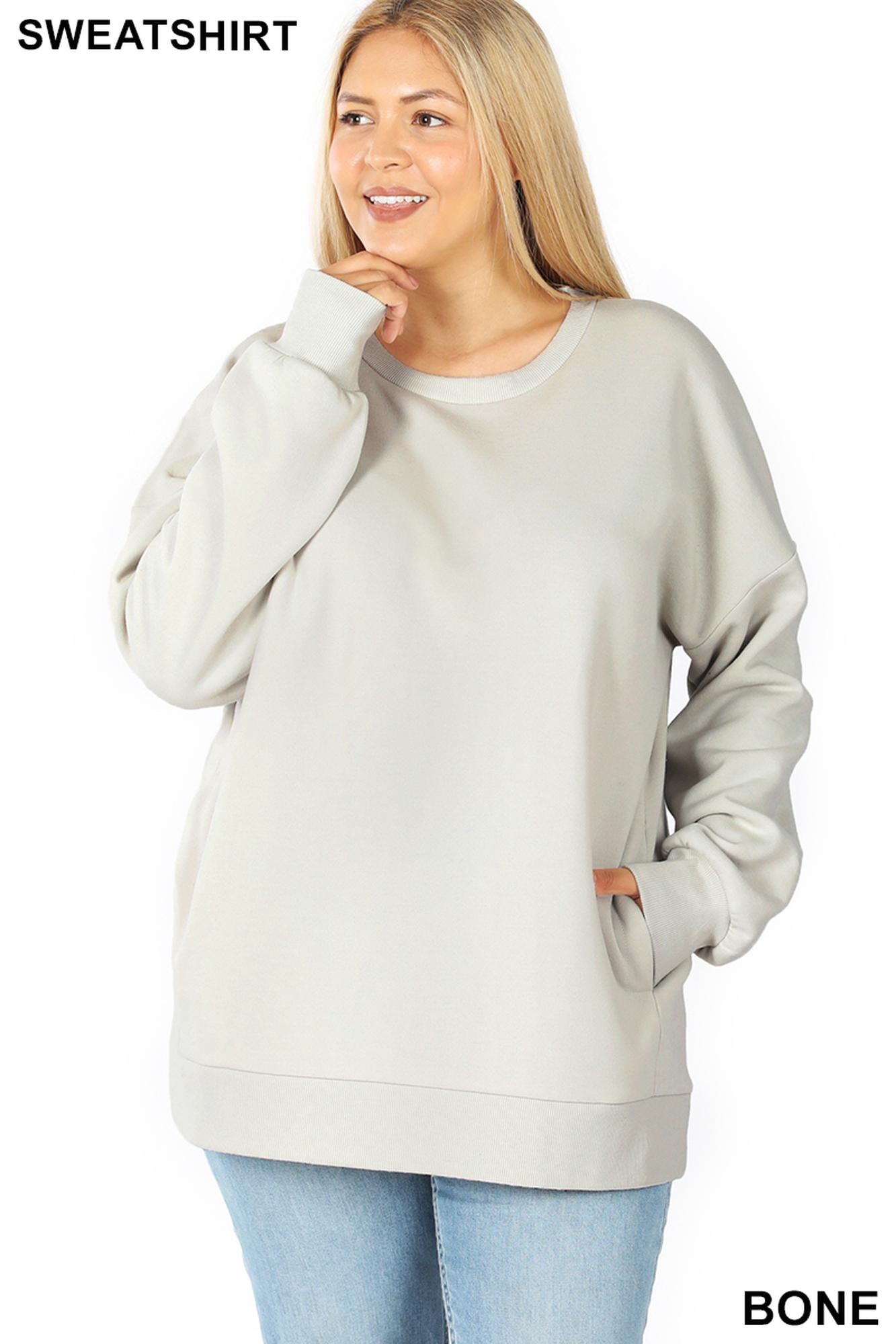 Wholesale Round Crew Neck Plus Size Sweatshirt with Side Pockets