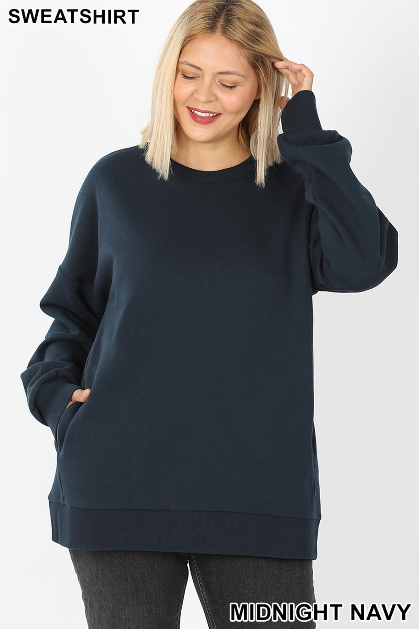 Wholesale Round Crew Neck Plus Size Sweatshirt with Side Pockets