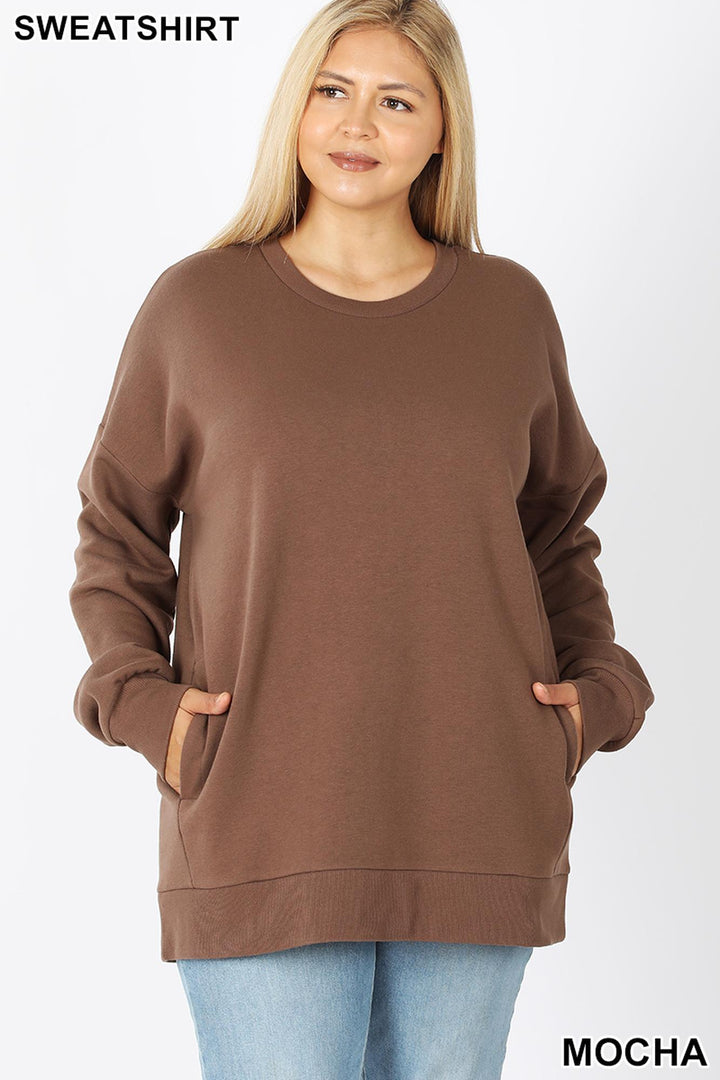 Wholesale Round Crew Neck Plus Size Sweatshirt with Side Pockets