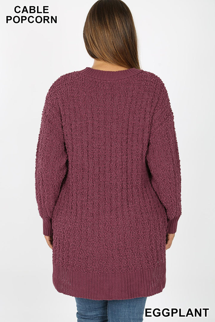 Wholesale Cable Knit Popcorn Round Neck Hi-Low Plus Size Sweater